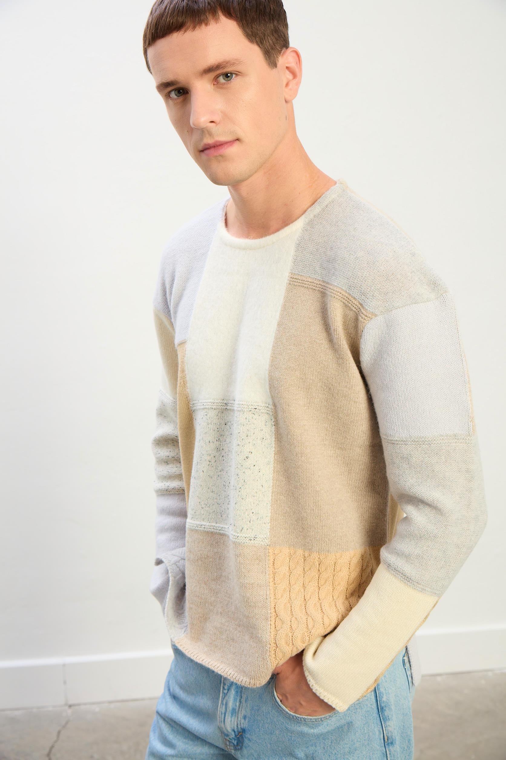 Zane Oversize Kayık Yaka Patchwork Uzun Kol Kazak-