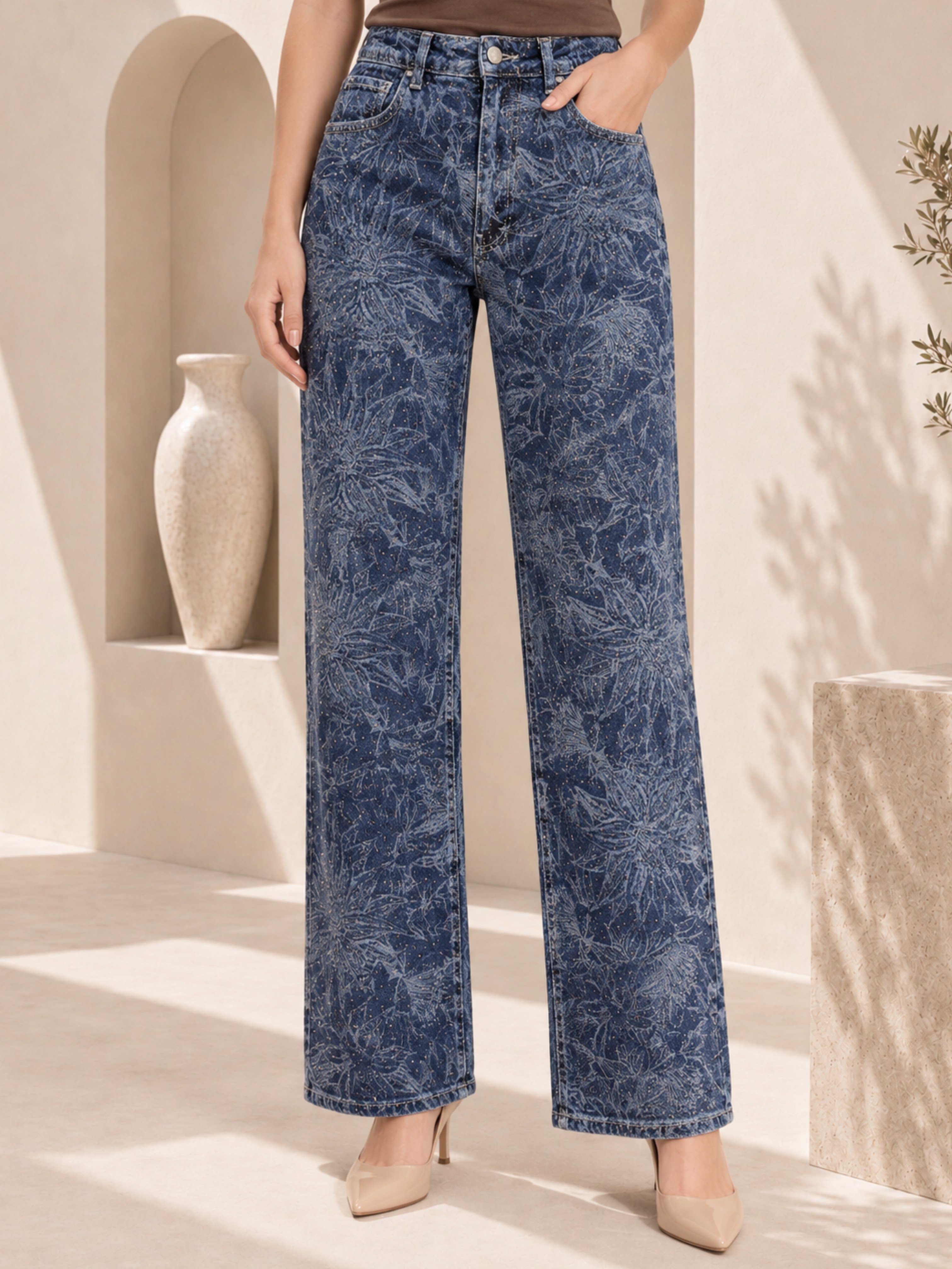 TEST Desenli Taşlı Jean Pantolon
