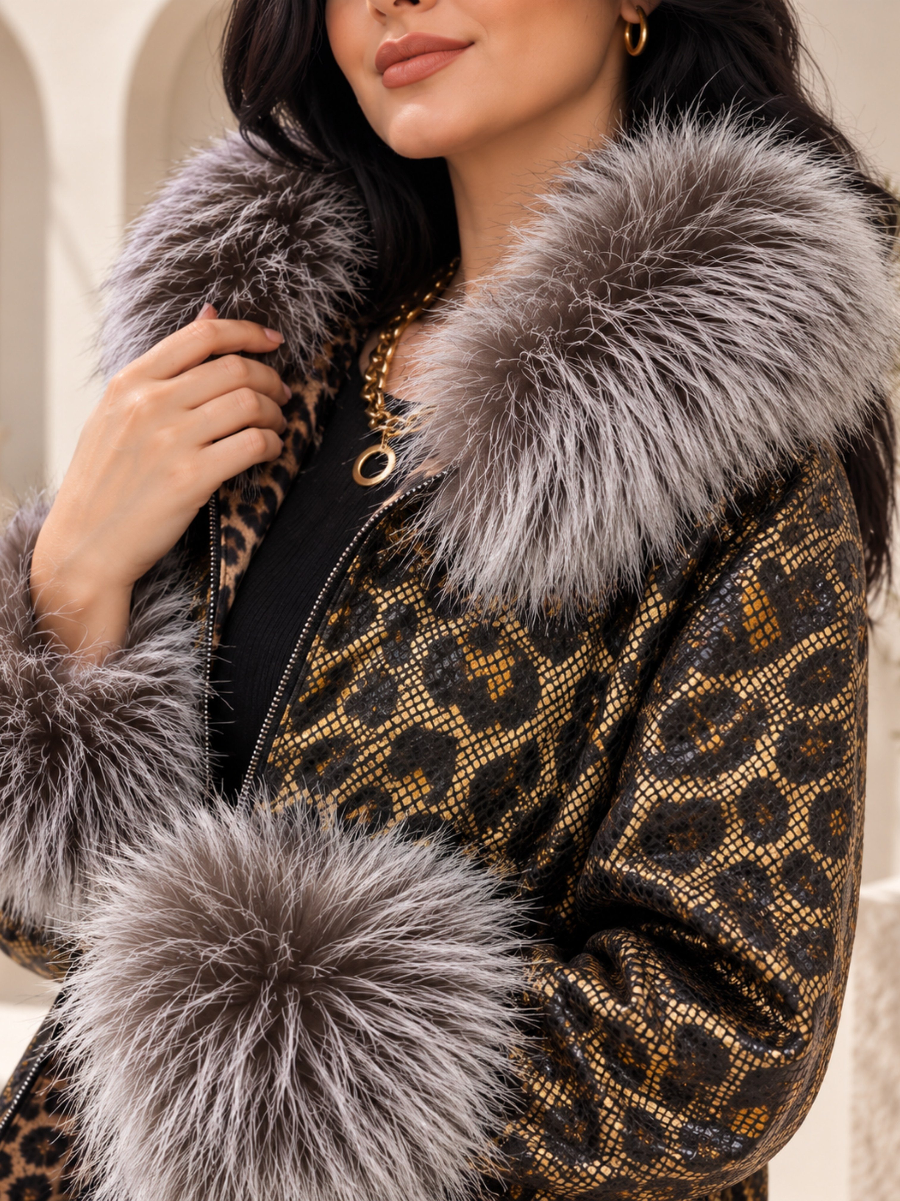 Büyük BedenDış GiyimMont Leopar Kürklü Mont