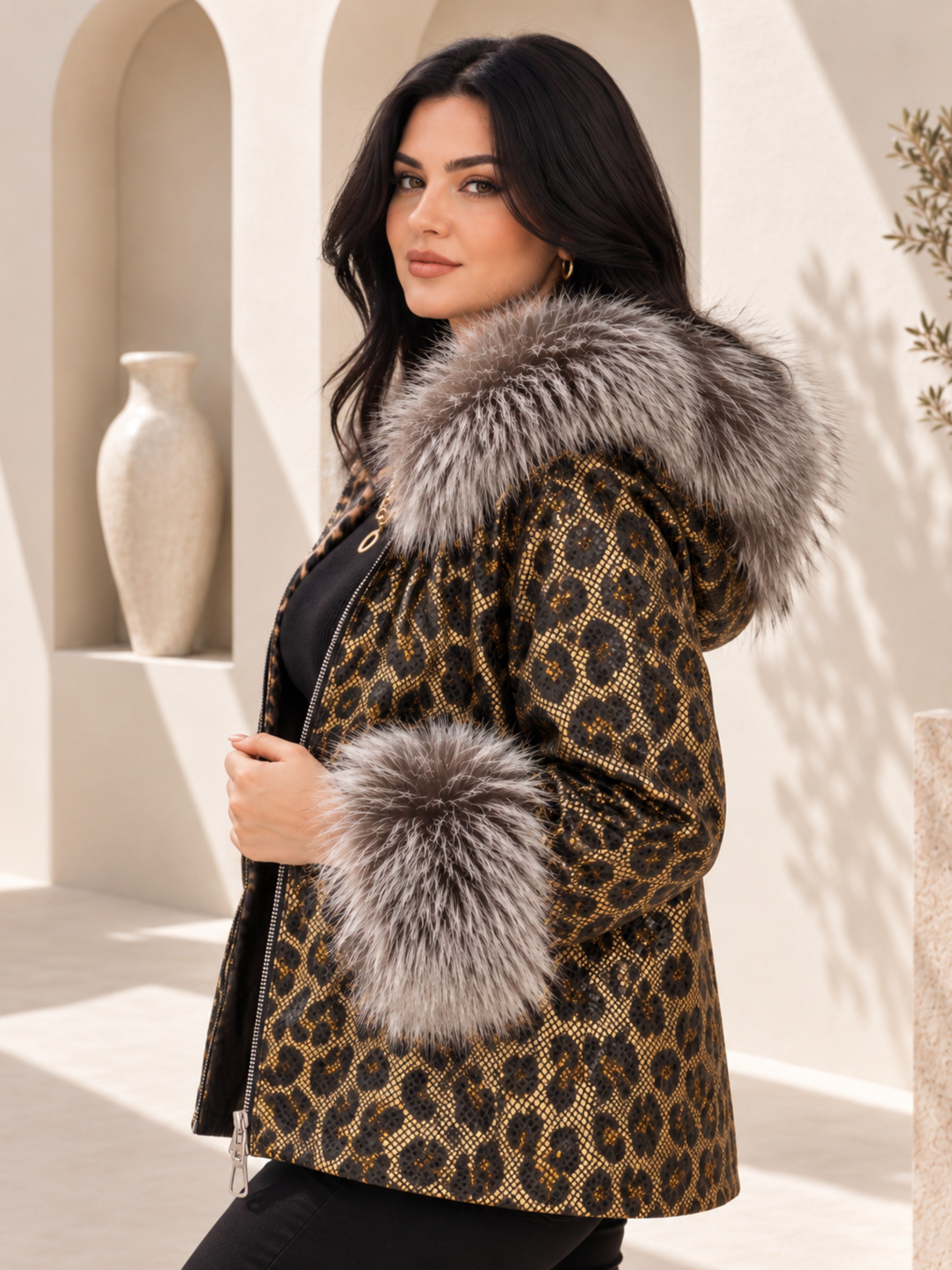 Büyük BedenDış GiyimMont Leopar Kürklü Mont