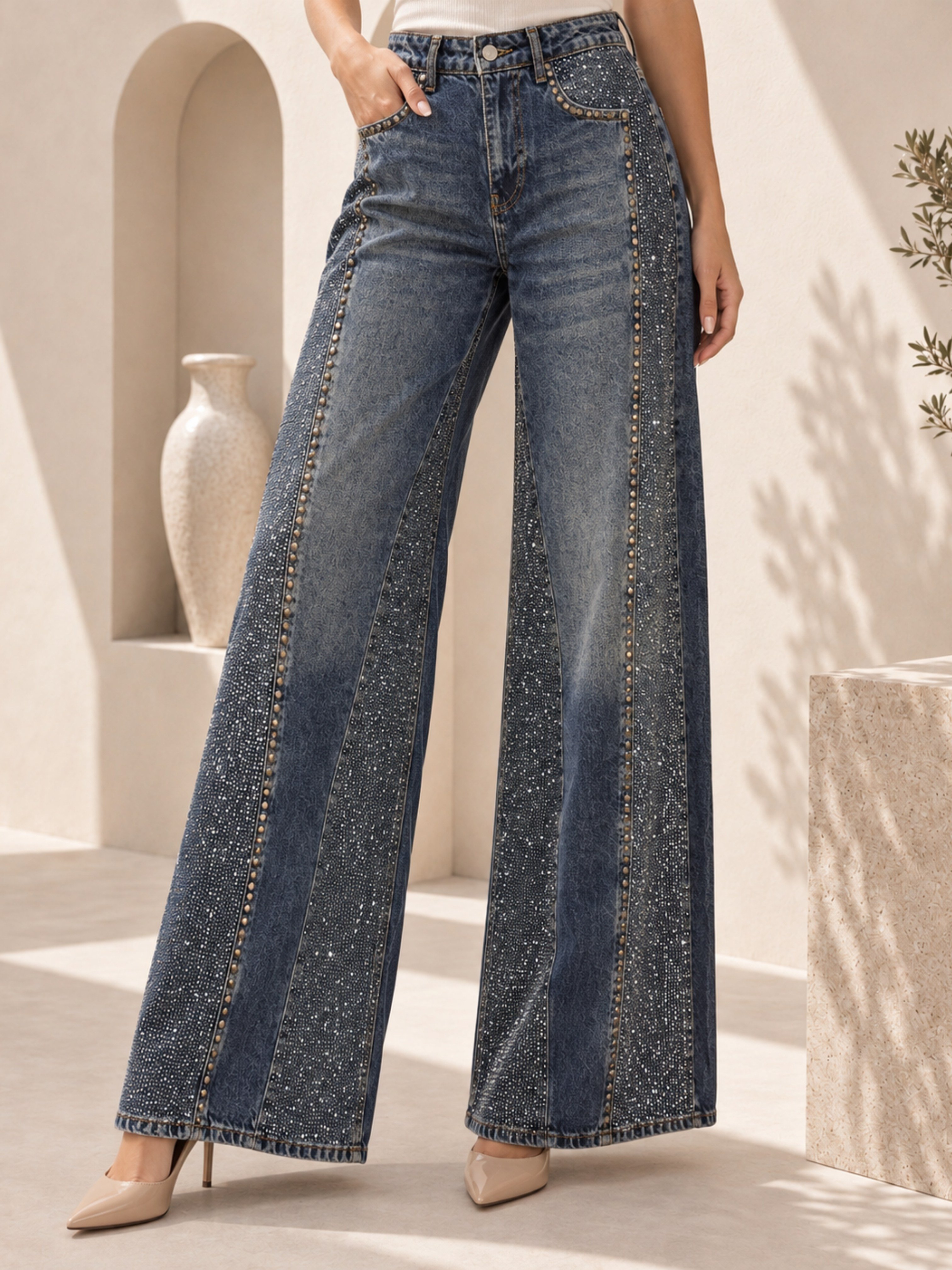 TEST Taşlı Palazzo Jean Pantolon
