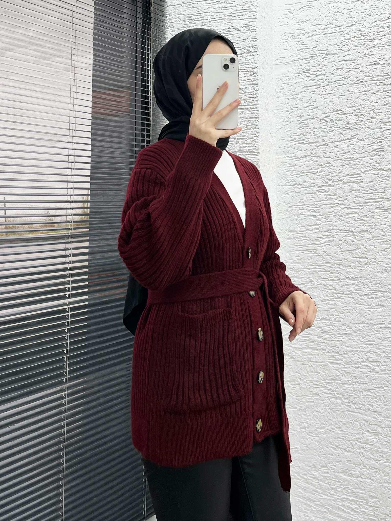  Bordo Kadın Cepli Kemerli Düğmeli Triko Hırka