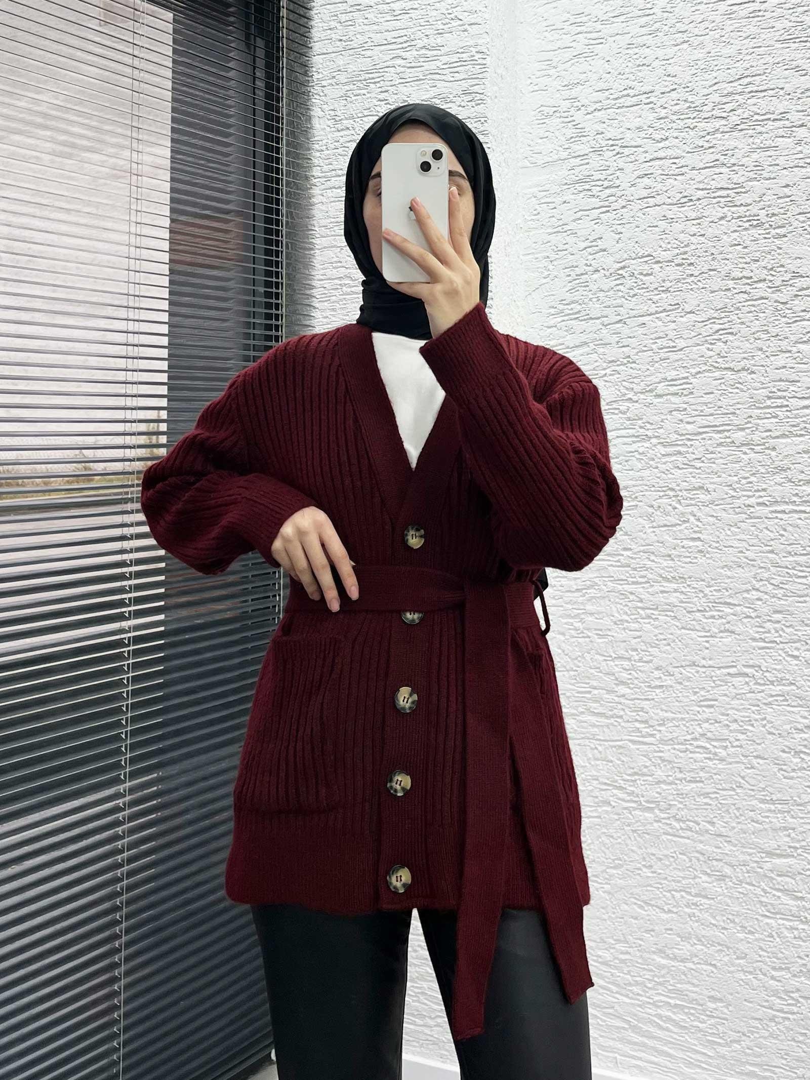  Bordo Kadın Cepli Kemerli Düğmeli Triko Hırka