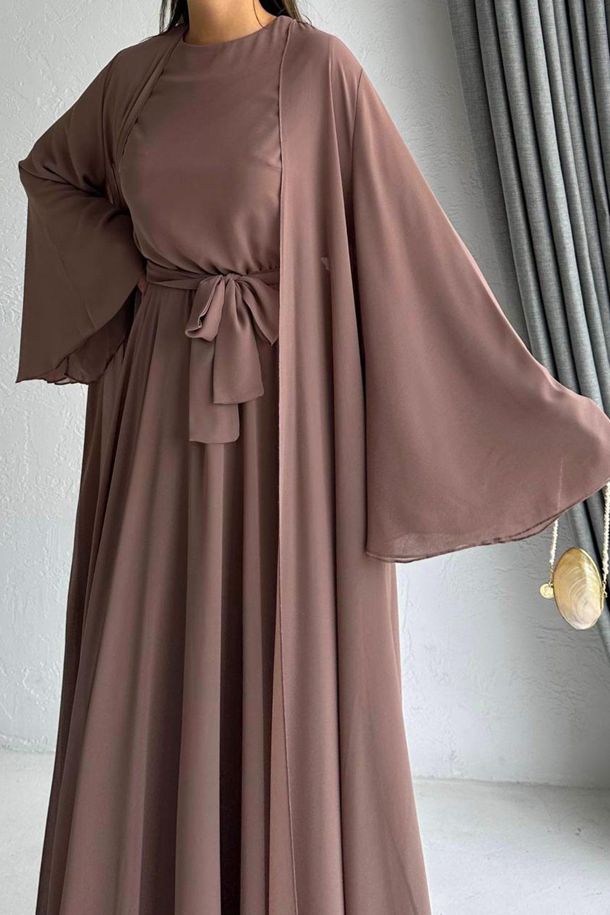 Açık Kahve Bella Şifon Abaya Takım 