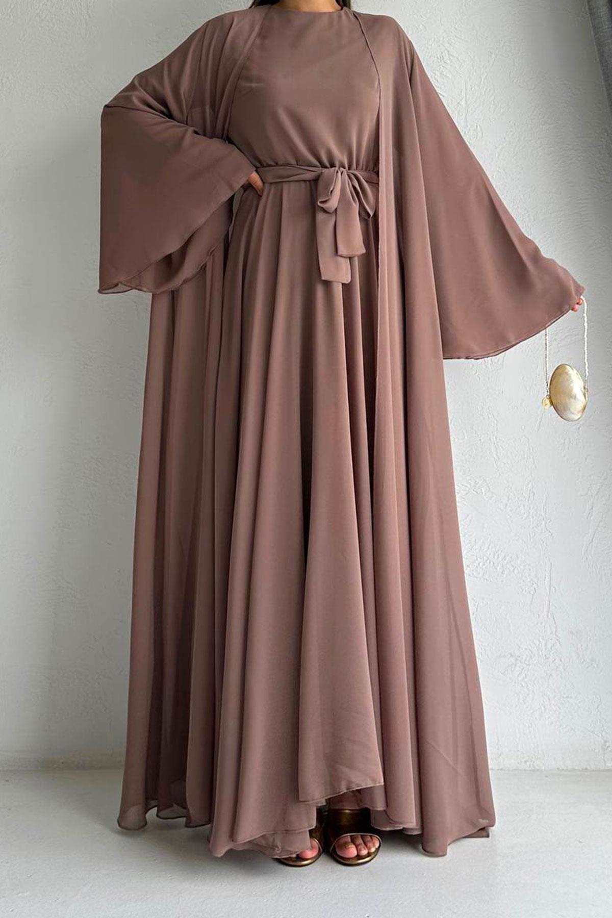 Açık Kahve Bella Şifon Abaya Takım 