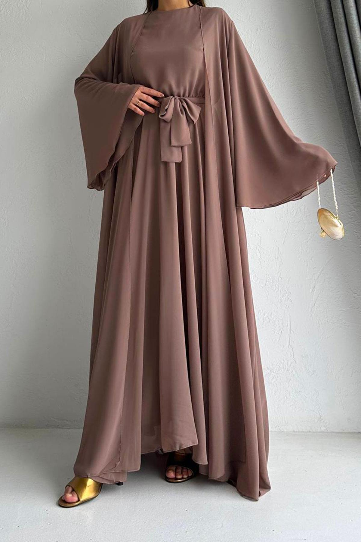 Açık Kahve Bella Şifon Abaya Takım 
