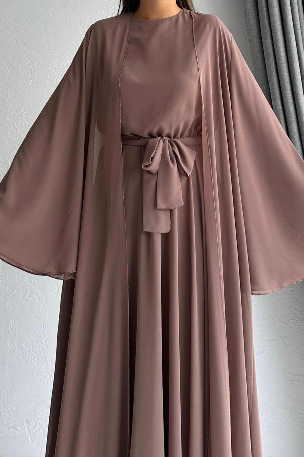 Açık Kahve Bella Şifon Abaya Takım 