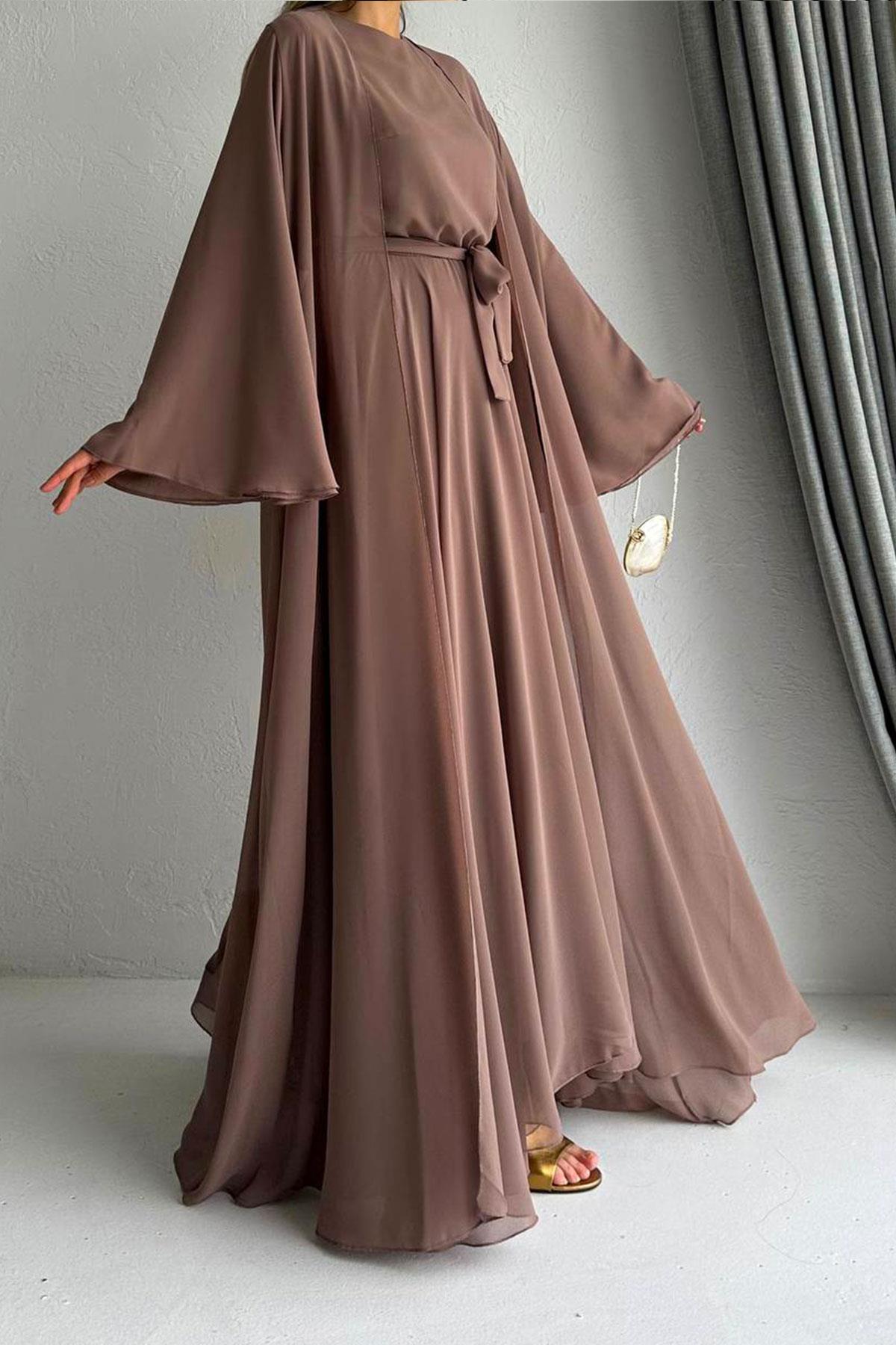 Açık Kahve Bella Şifon Abaya Takım 