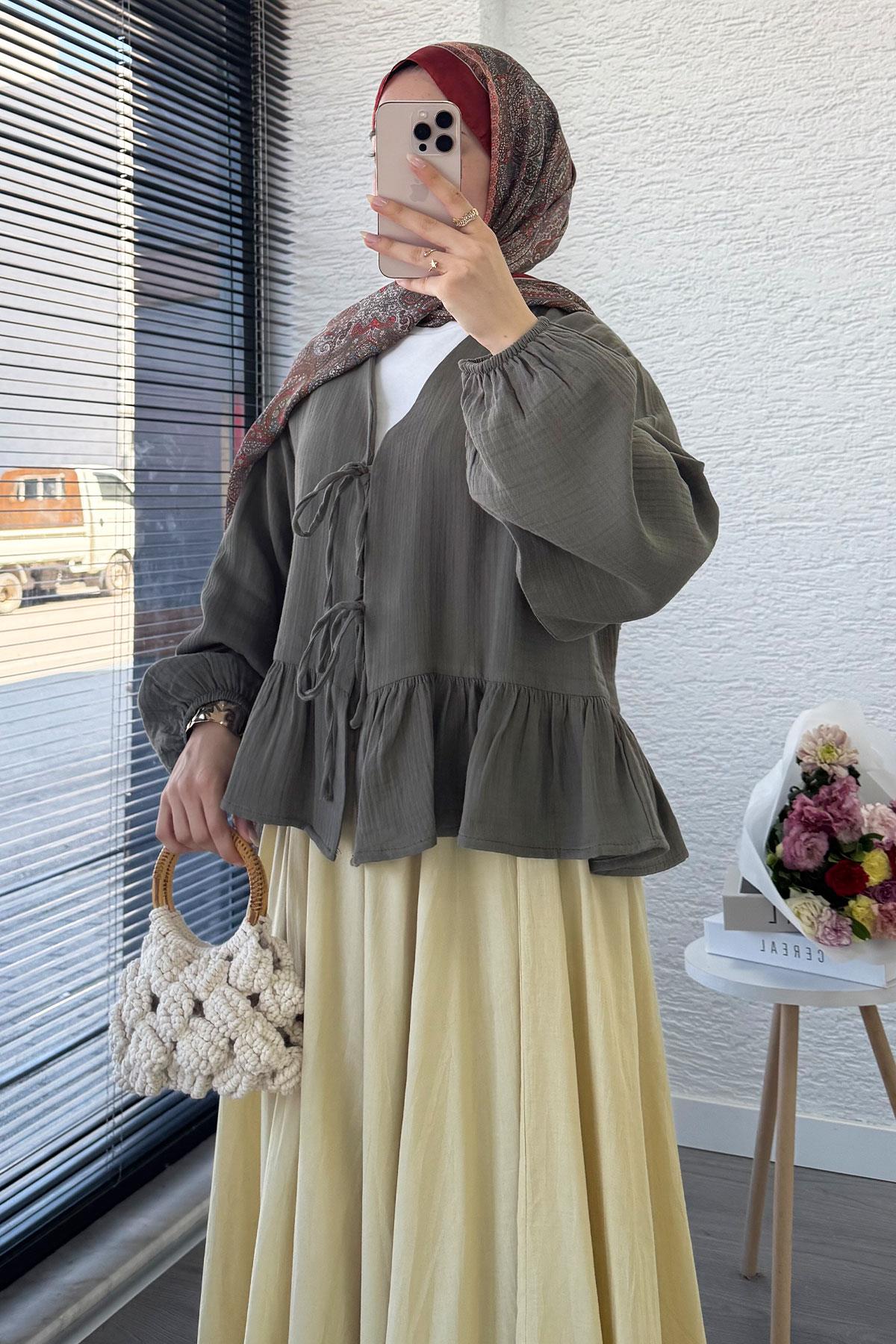 Altı Fırfır Detay Önden Bağlamalı Müslin Kimono -Haki
