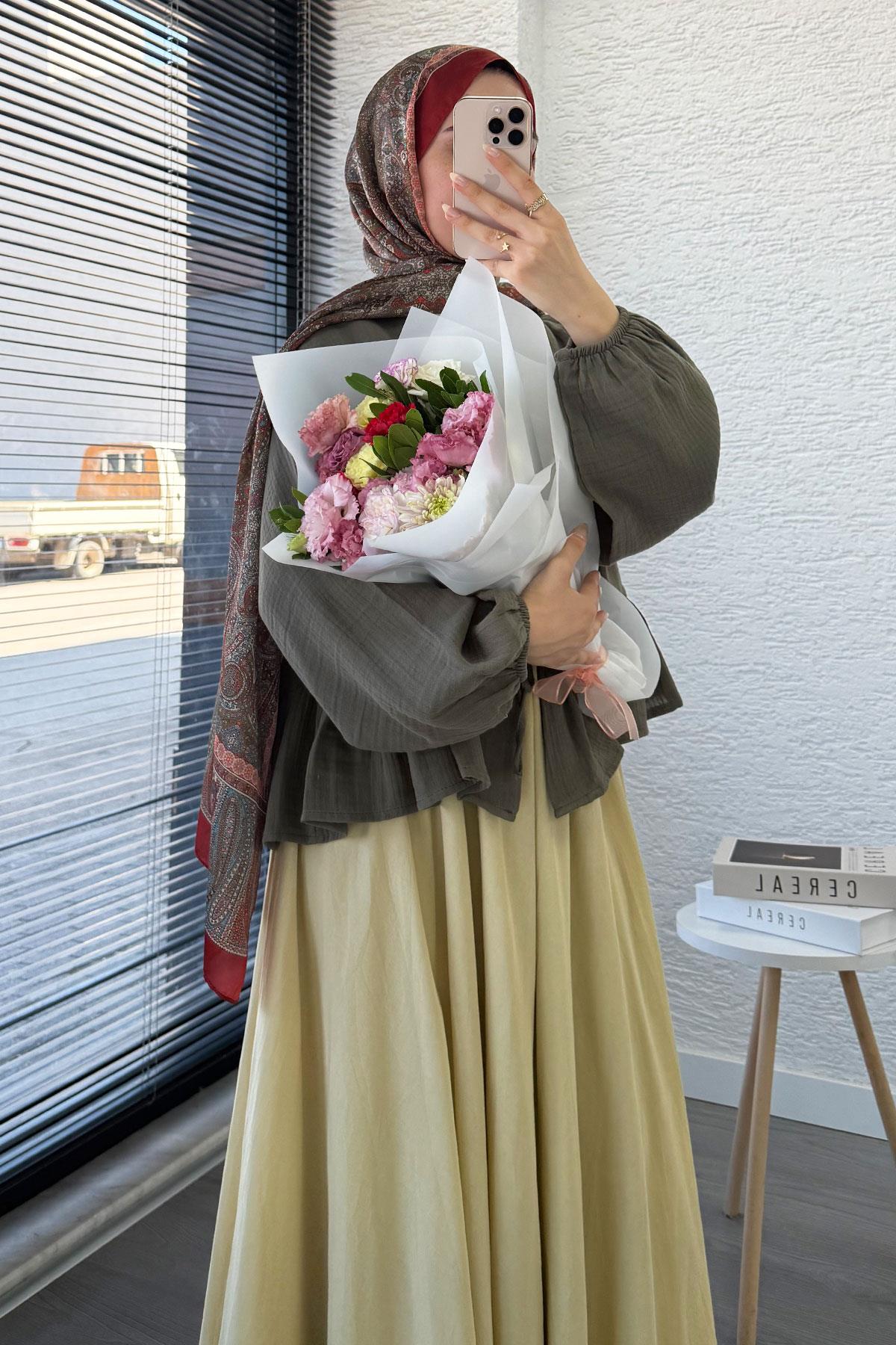 Altı Fırfır Detay Önden Bağlamalı Müslin Kimono -Haki