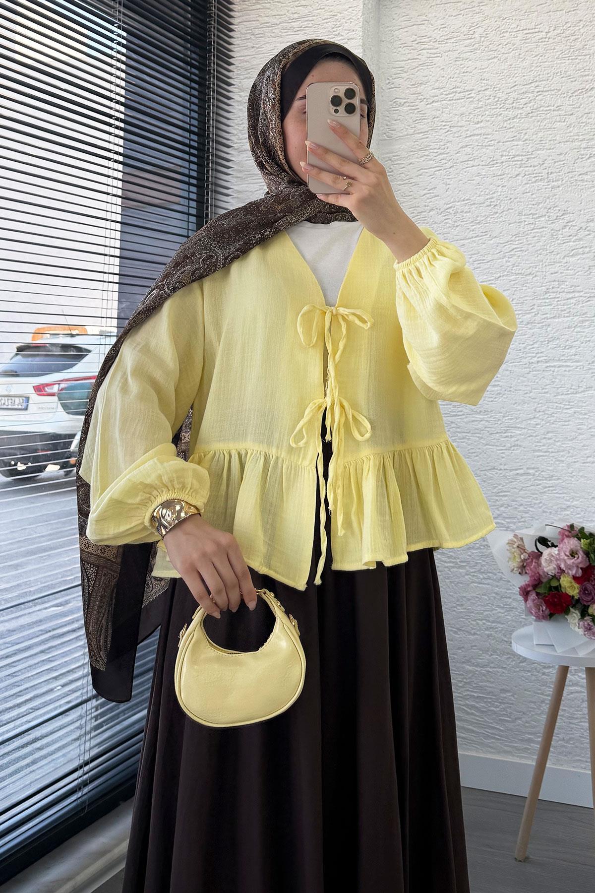 Altı Fırfır Detay Önden Bağlamalı Müslin Kimono -Sarı