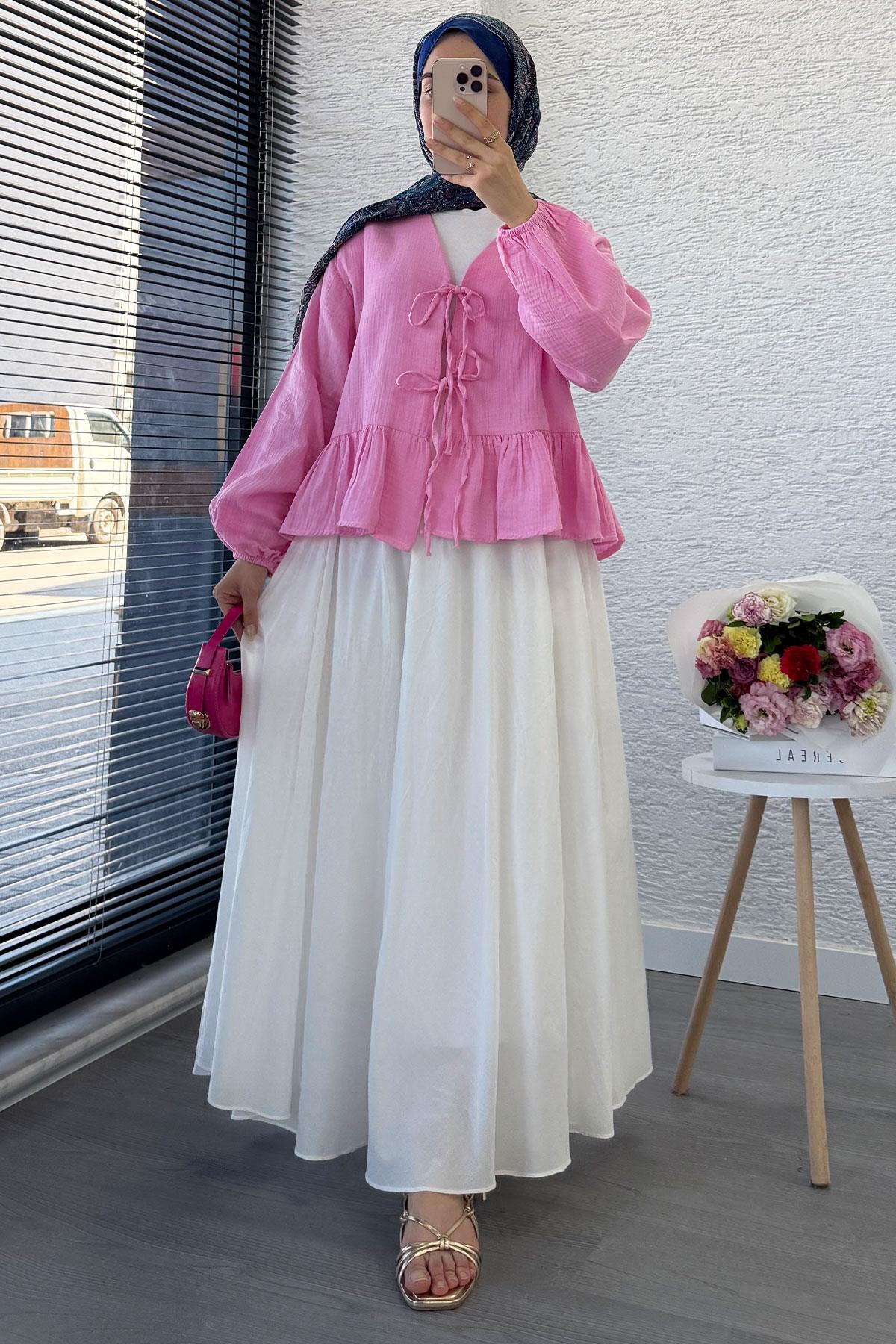 Altı Fırfır Detay Önden Bağlamalı Müslin Kimono -Pembe