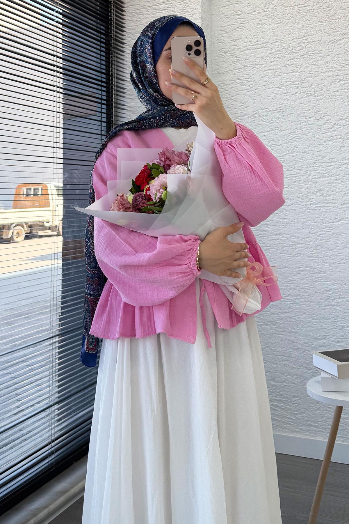 Altı Fırfır Detay Önden Bağlamalı Müslin Kimono -Pembe