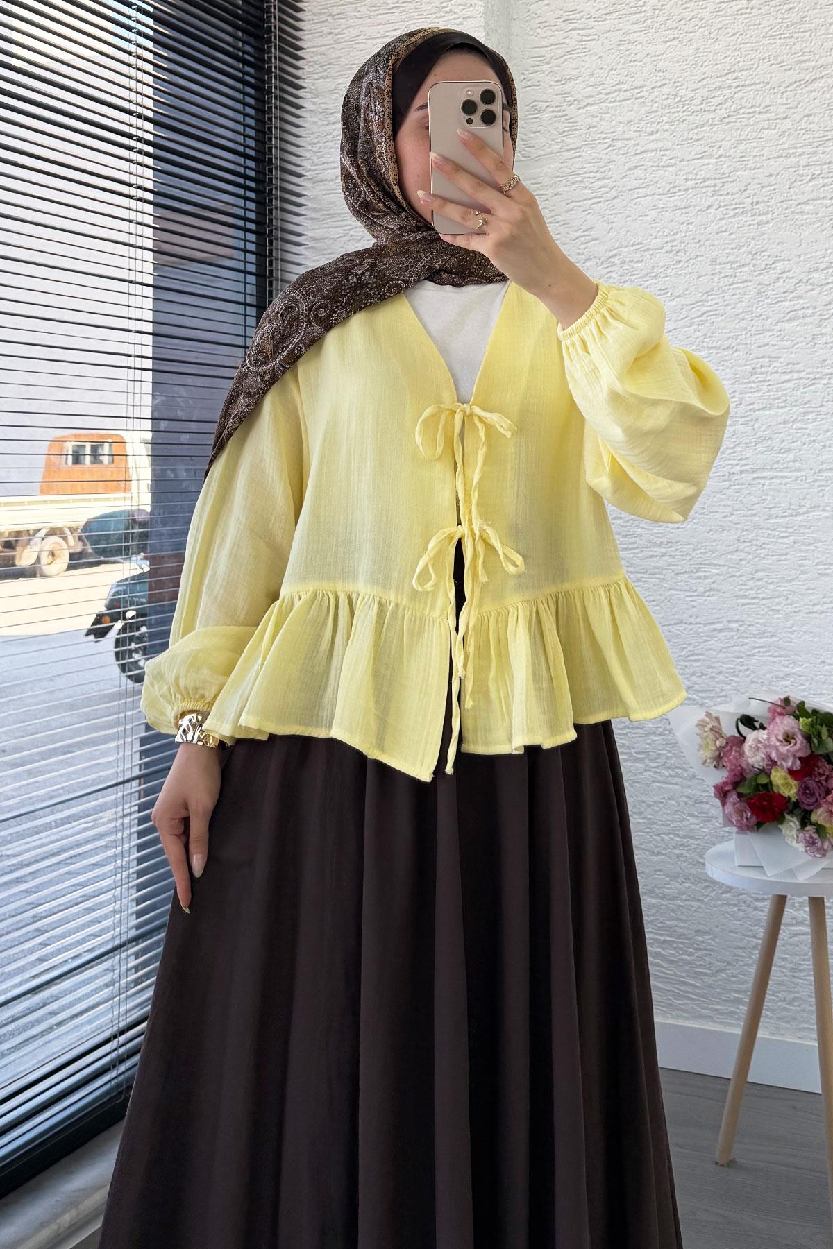 Altı Fırfır Detay Önden Bağlamalı Müslin Kimono -Sarı