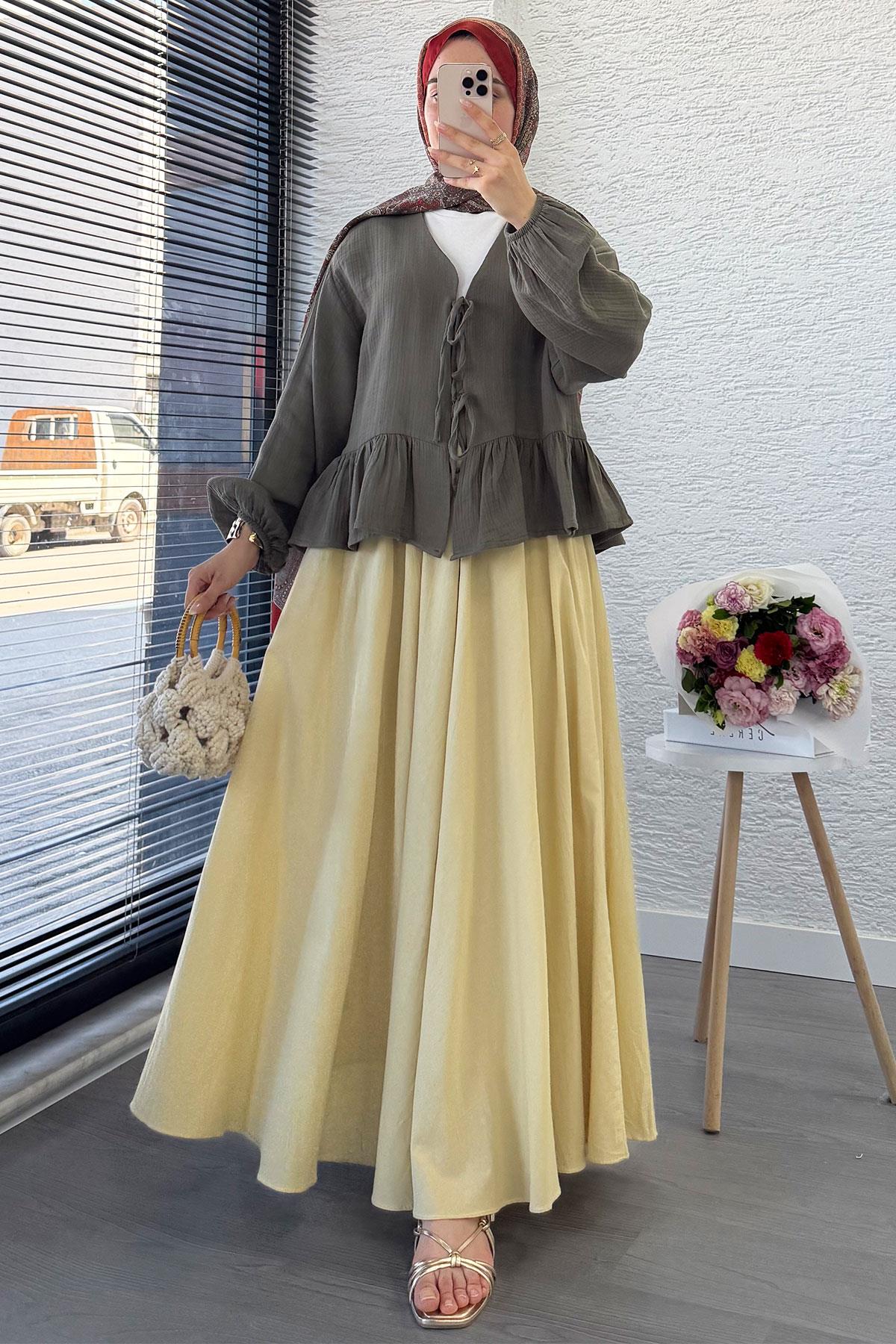 Altı Fırfır Detay Önden Bağlamalı Müslin Kimono -Haki