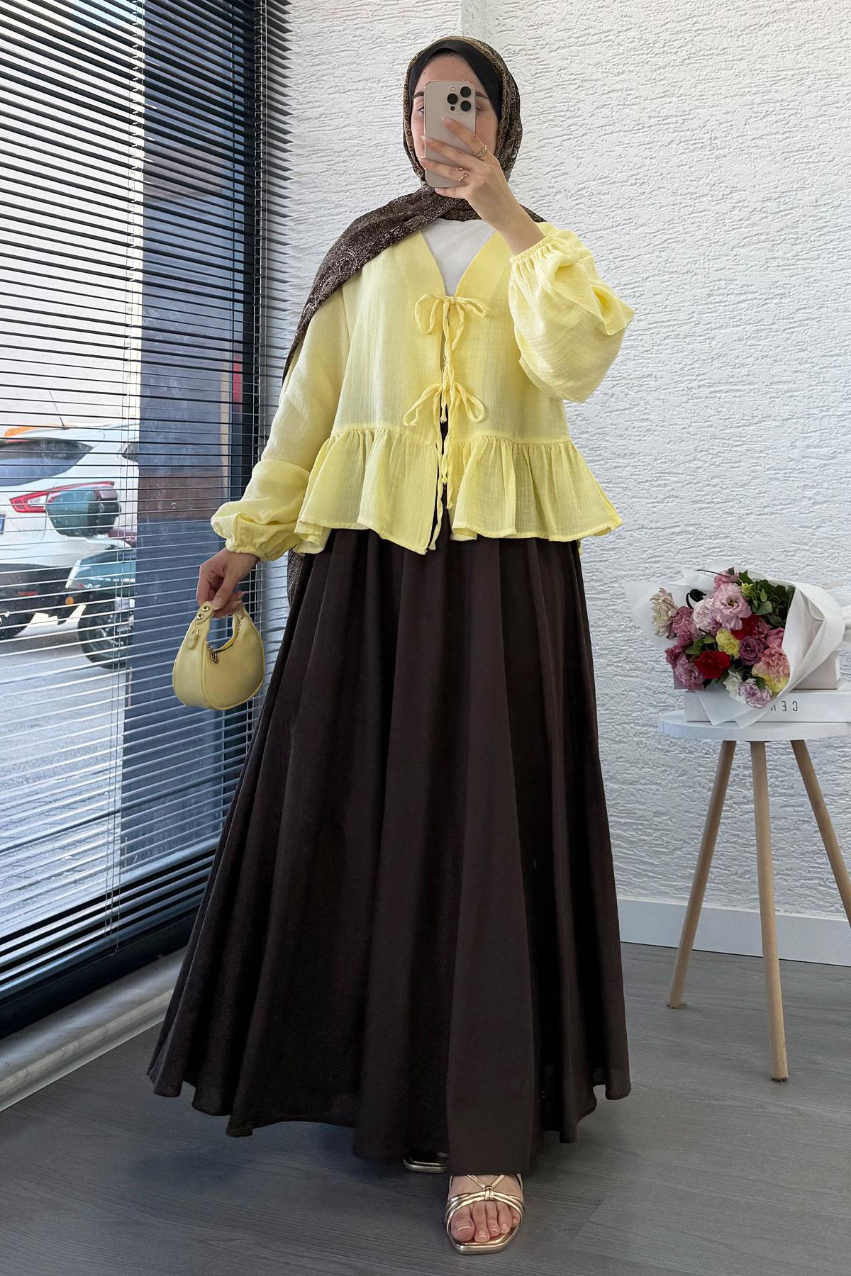 Altı Fırfır Detay Önden Bağlamalı Müslin Kimono -Sarı