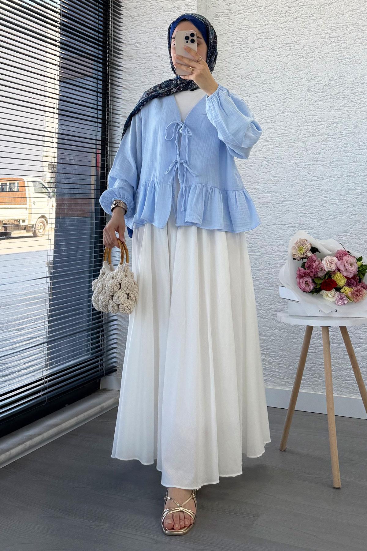 Altı Fırfır Detay Önden Bağlamalı Müslin Kimono -Mavi