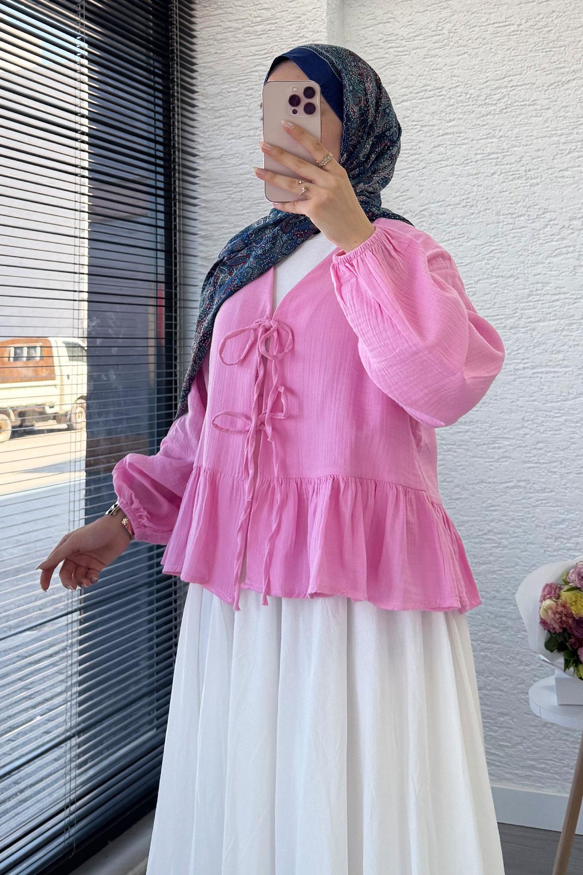 Altı Fırfır Detay Önden Bağlamalı Müslin Kimono -Pembe