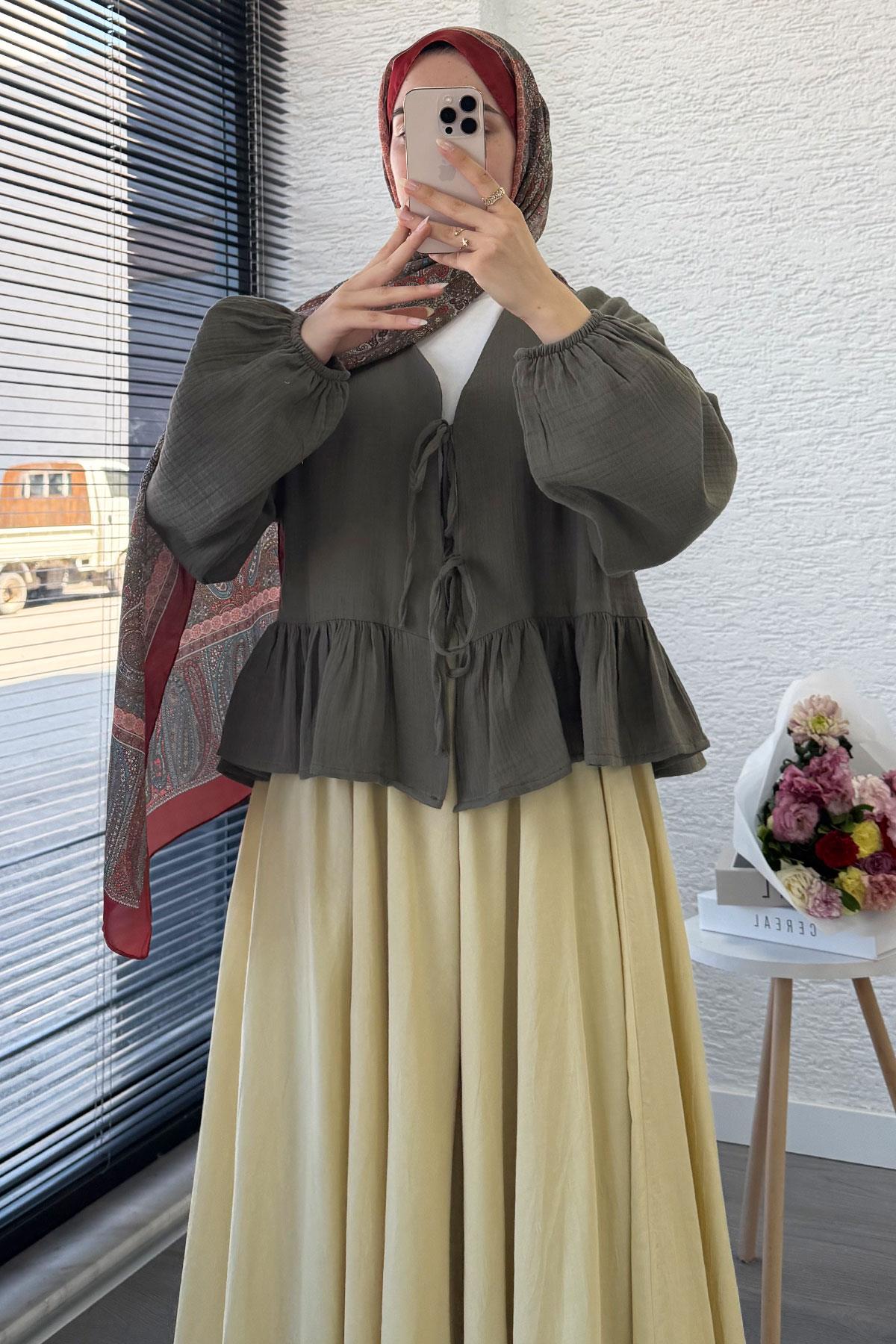 Altı Fırfır Detay Önden Bağlamalı Müslin Kimono -Haki