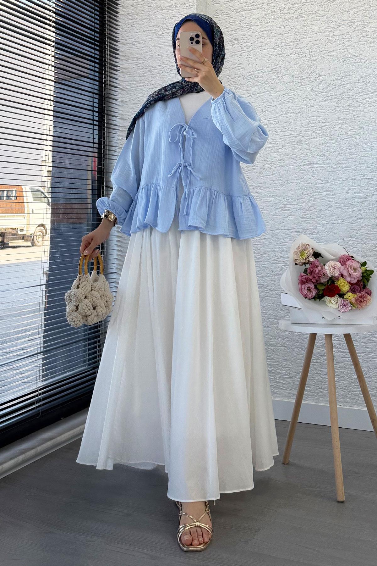 Altı Fırfır Detay Önden Bağlamalı Müslin Kimono -Mavi