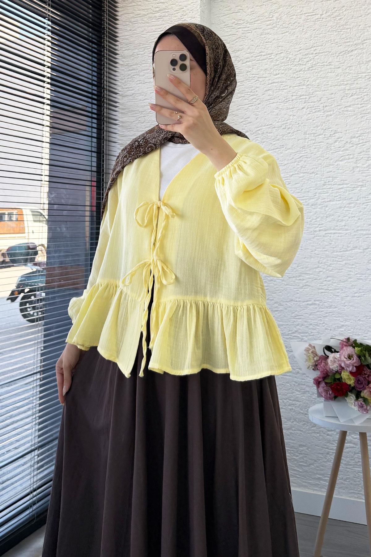 Altı Fırfır Detay Önden Bağlamalı Müslin Kimono -Sarı