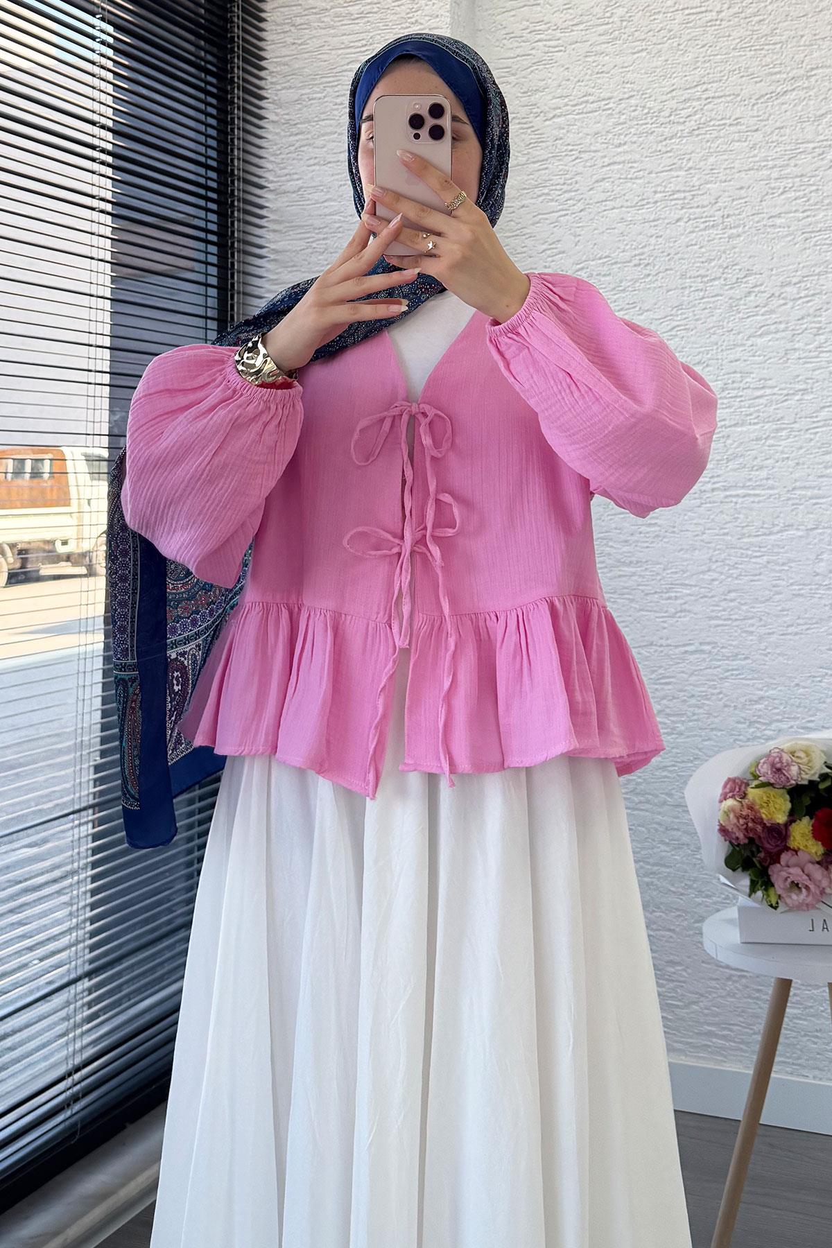 Altı Fırfır Detay Önden Bağlamalı Müslin Kimono -Pembe