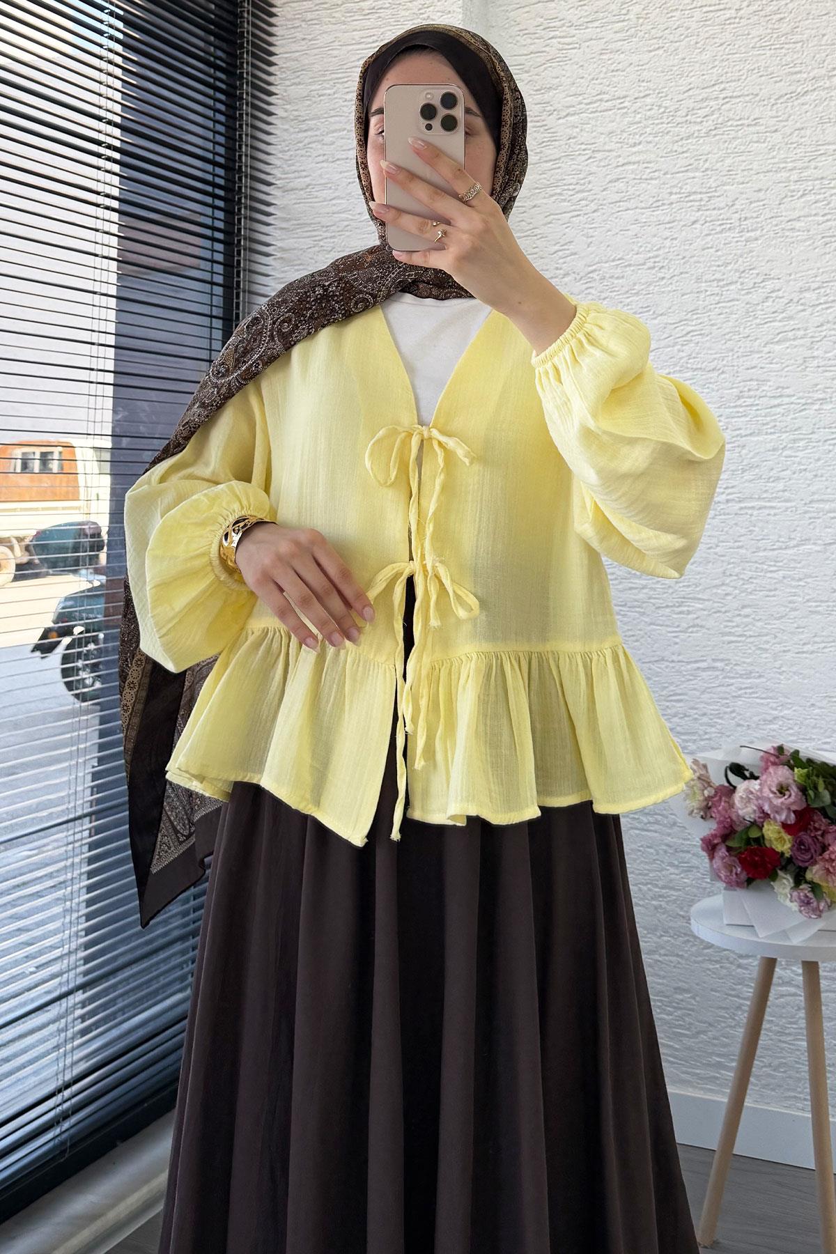 Altı Fırfır Detay Önden Bağlamalı Müslin Kimono -Sarı