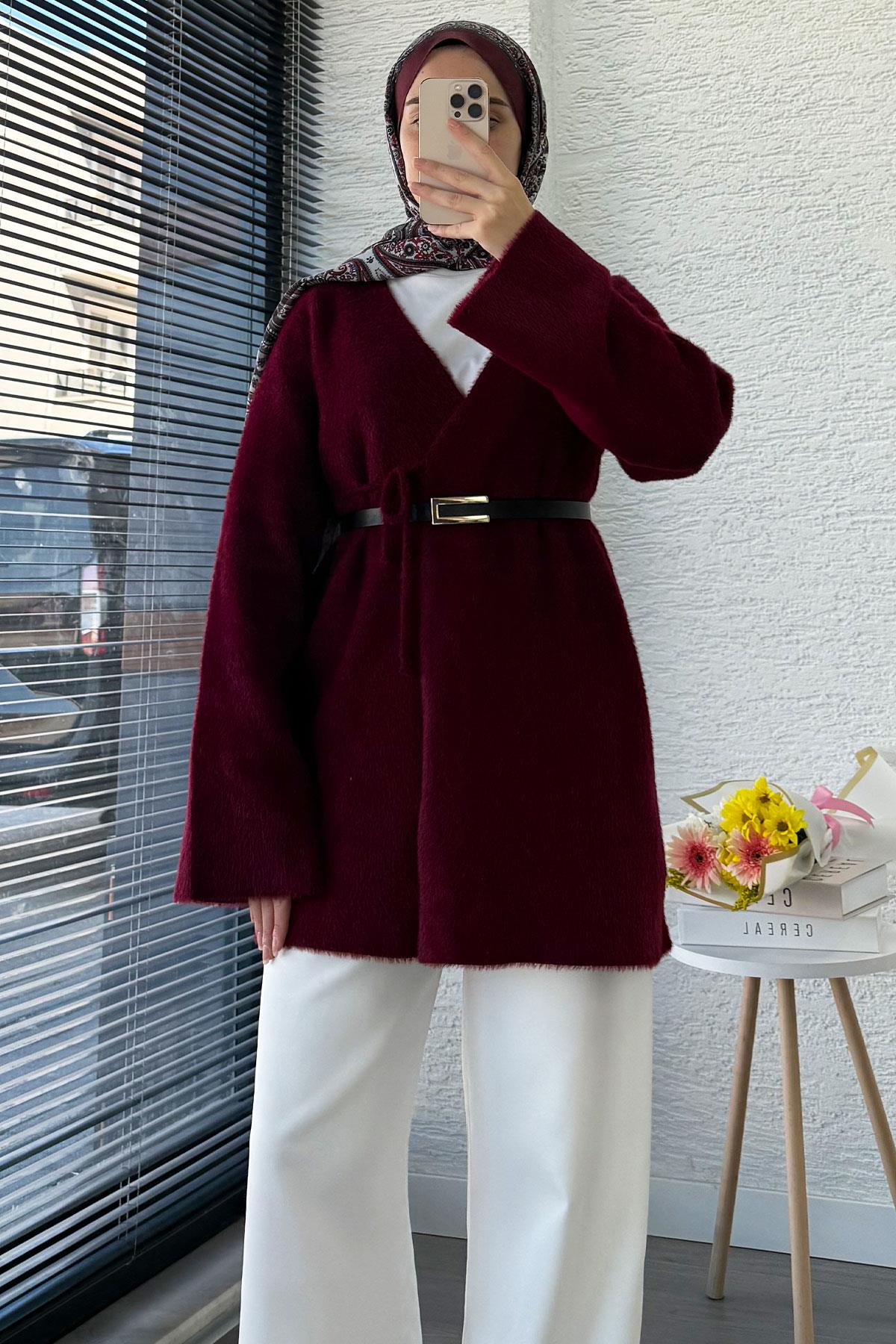 Anvelop Bağlamalı Yumoş Triko Kimono – Bordo