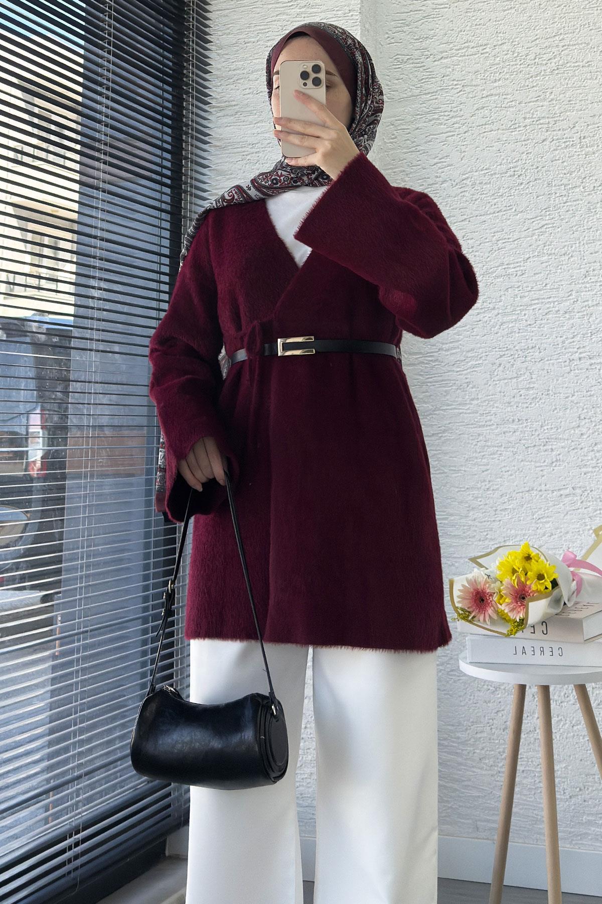 Anvelop Bağlamalı Yumoş Triko Kimono – Bordo