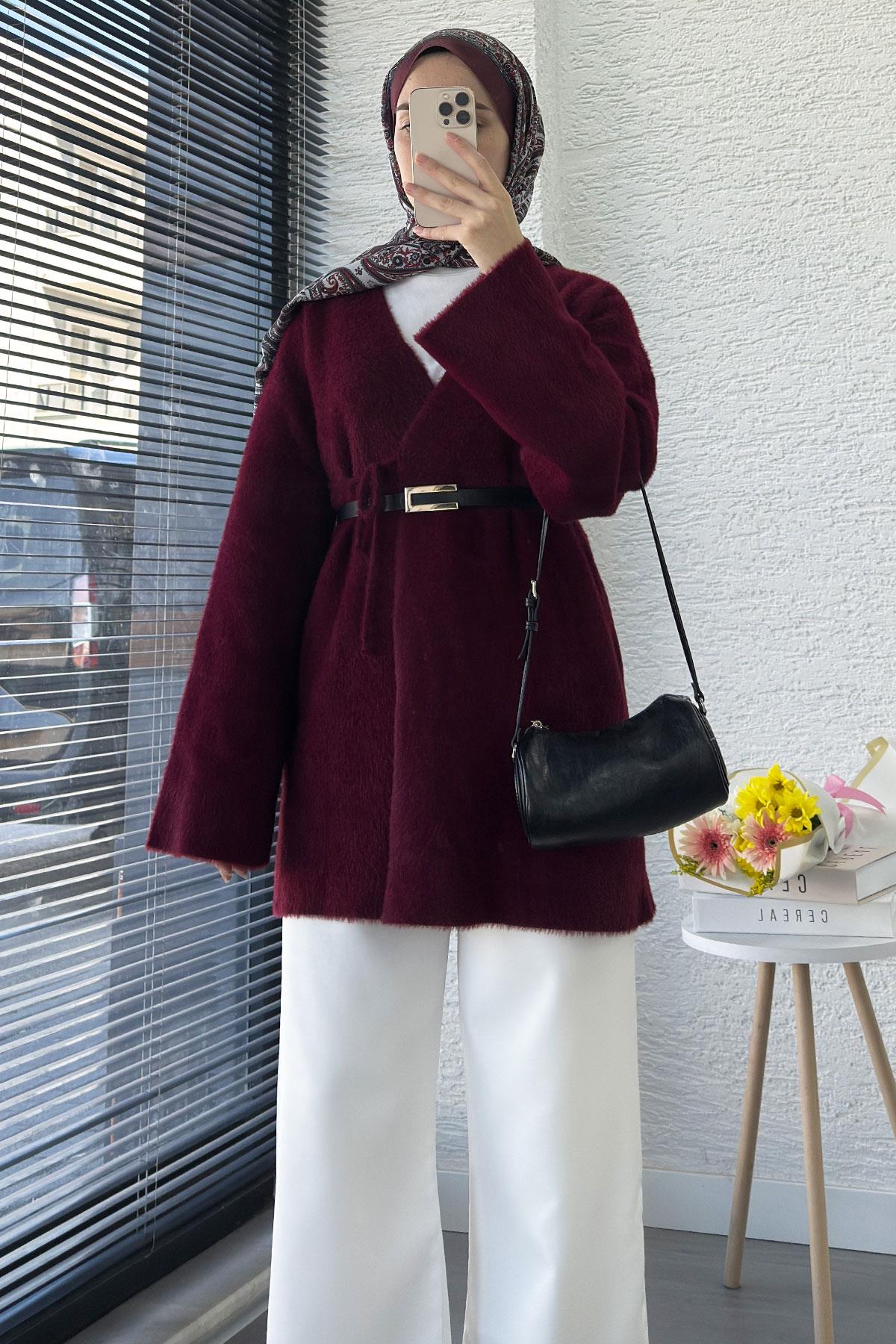 Anvelop Bağlamalı Yumoş Triko Kimono – Bordo