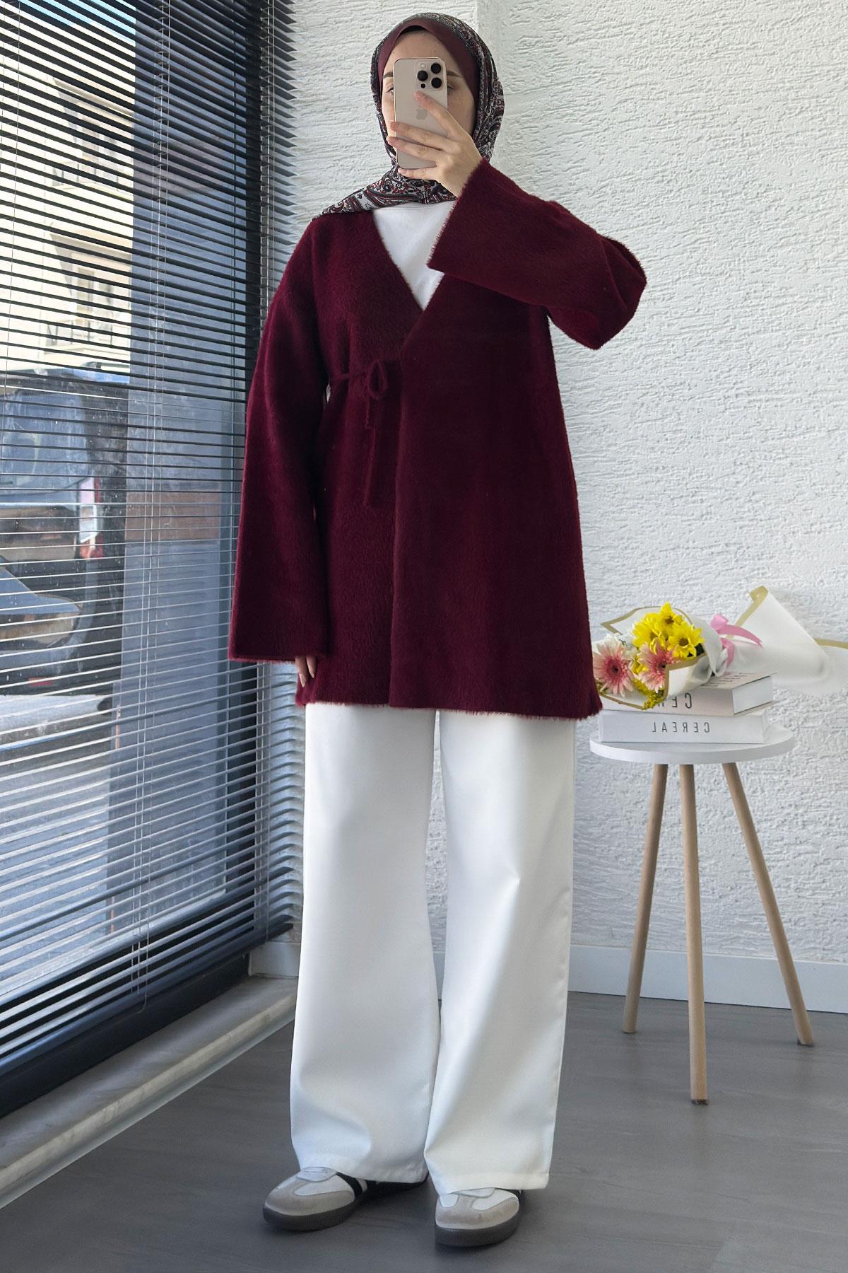 Anvelop Bağlamalı Yumoş Triko Kimono – Bordo