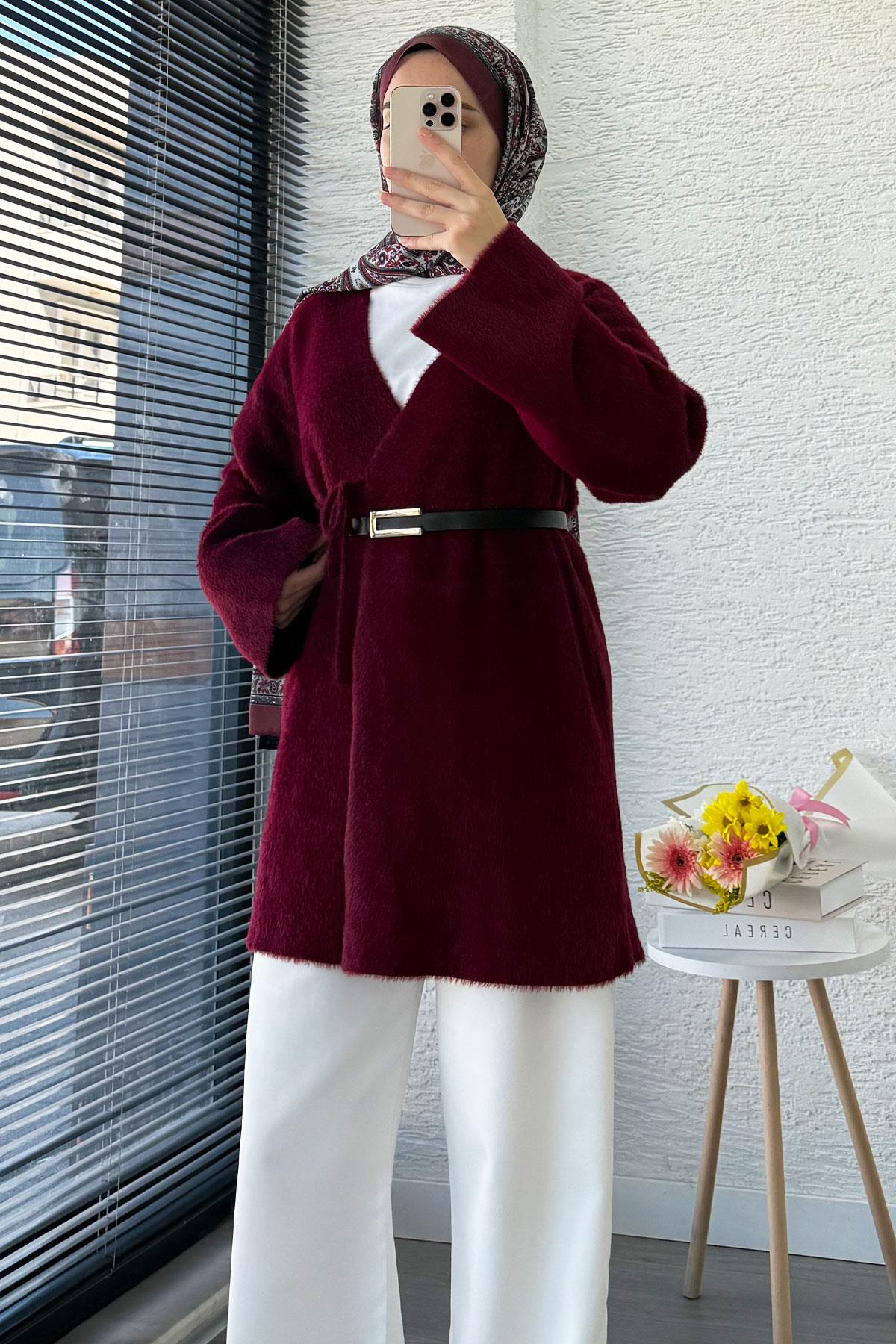 Anvelop Bağlamalı Yumoş Triko Kimono – Bordo