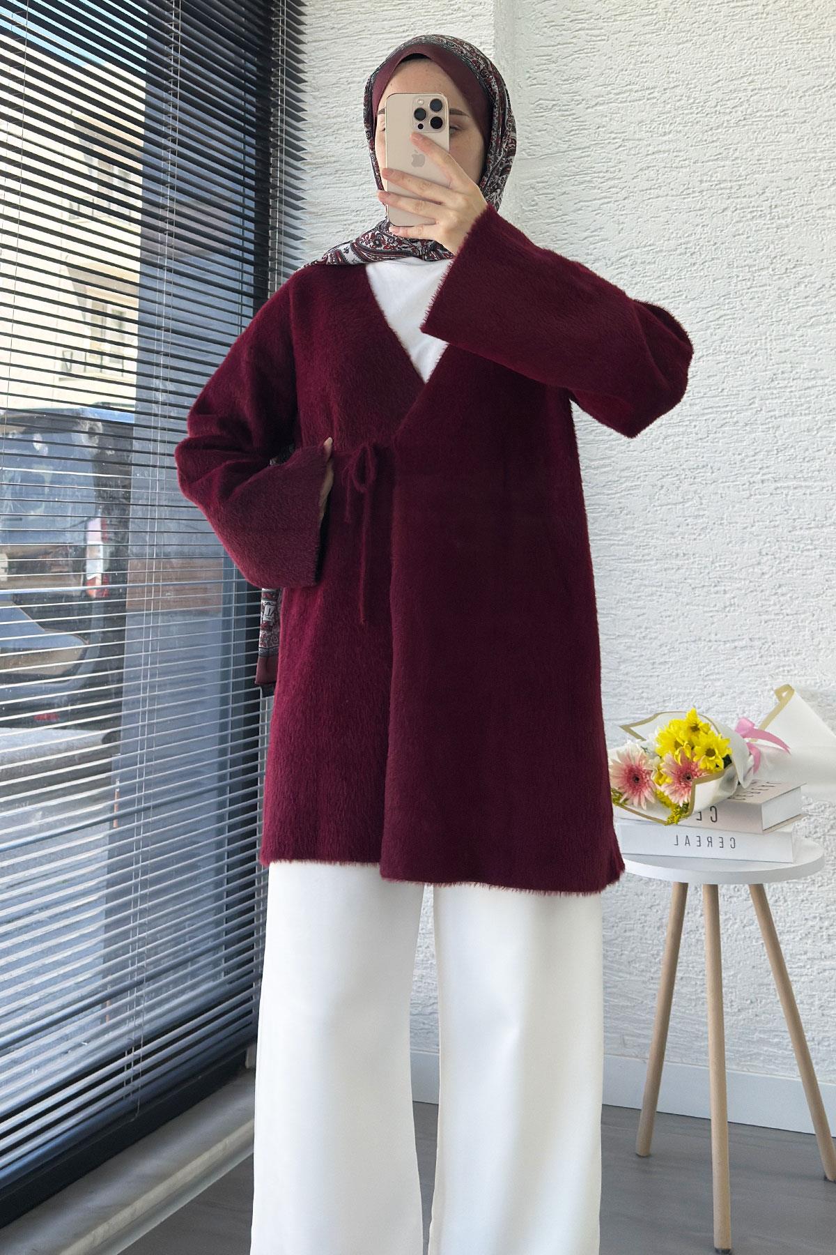 Anvelop Bağlamalı Yumoş Triko Kimono – Bordo