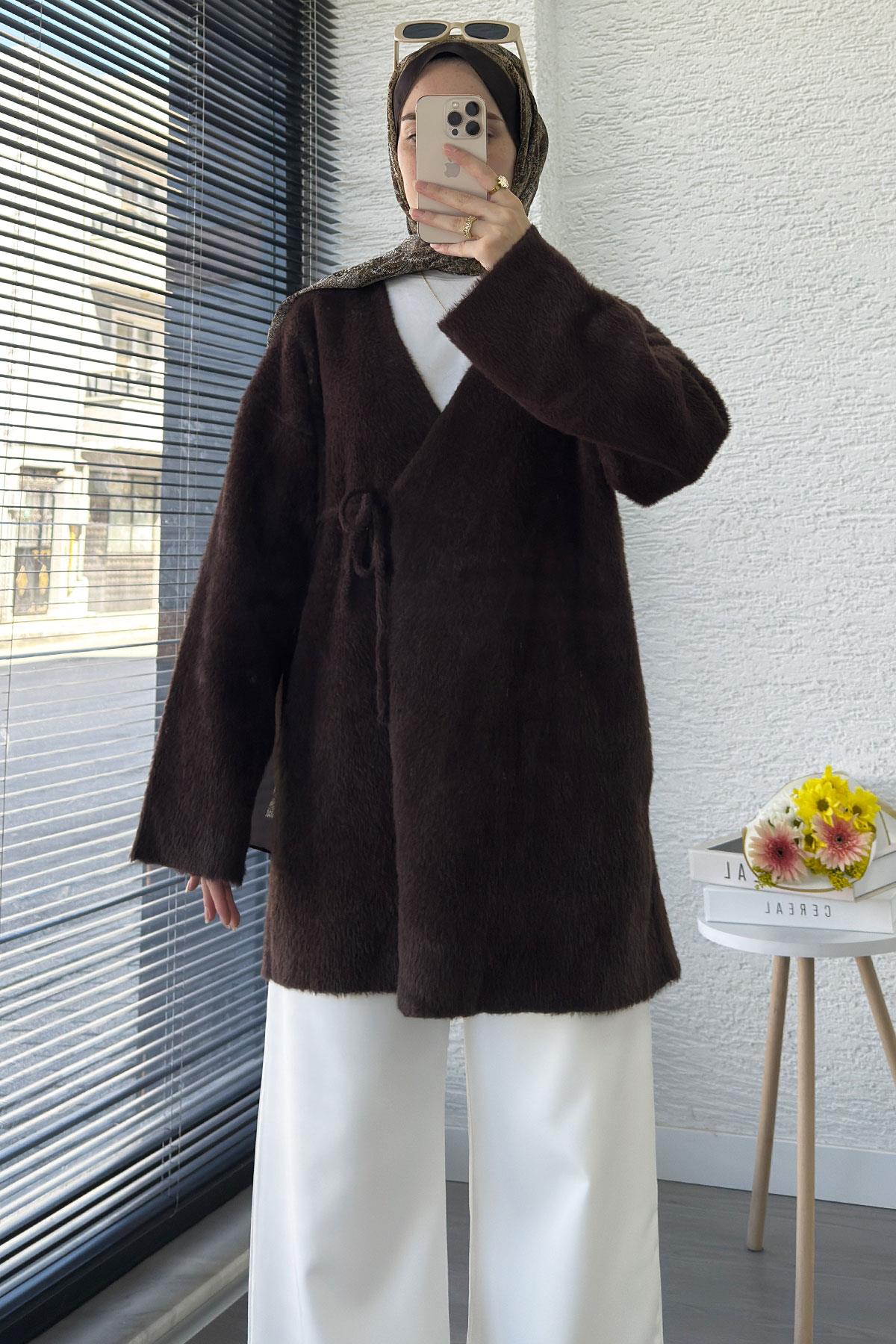 Anvelop Bağlamalı Yumoş Triko Kimono – Kahverengi