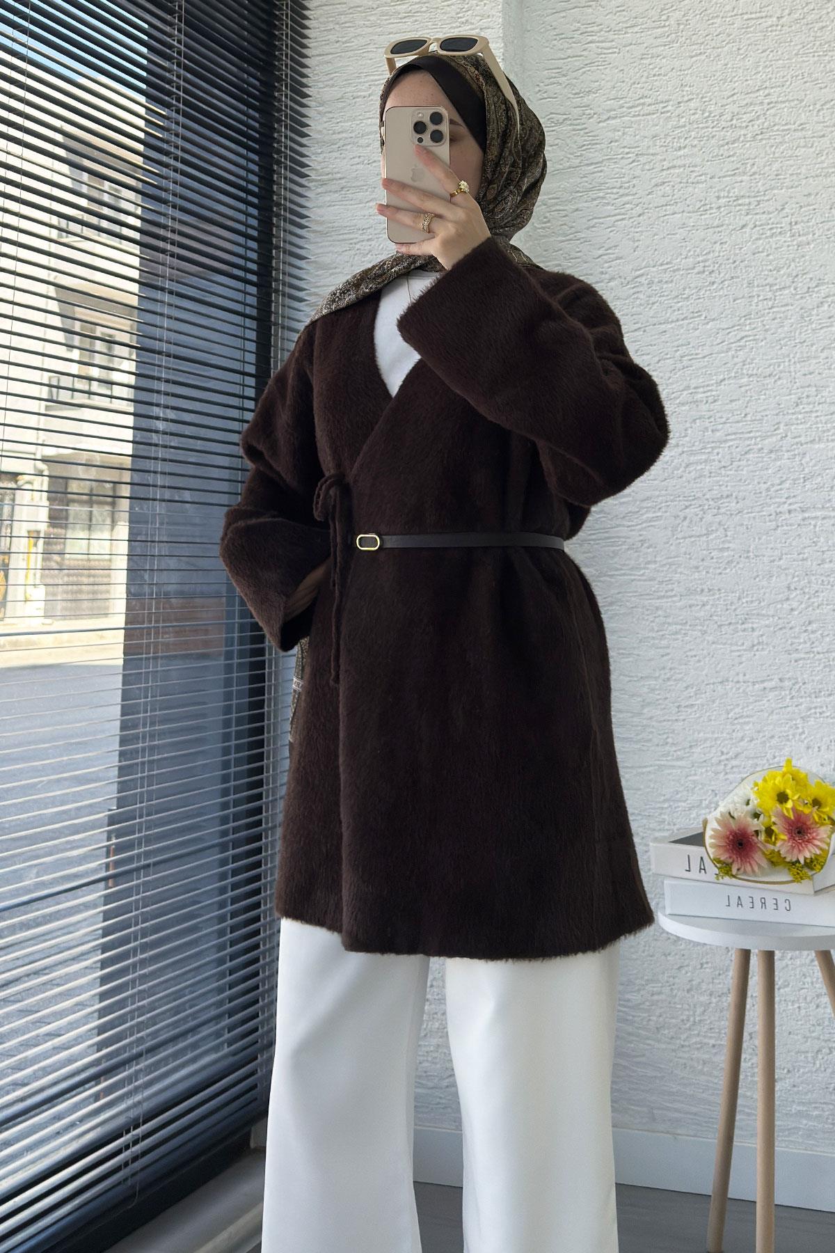 Anvelop Bağlamalı Yumoş Triko Kimono – Kahverengi