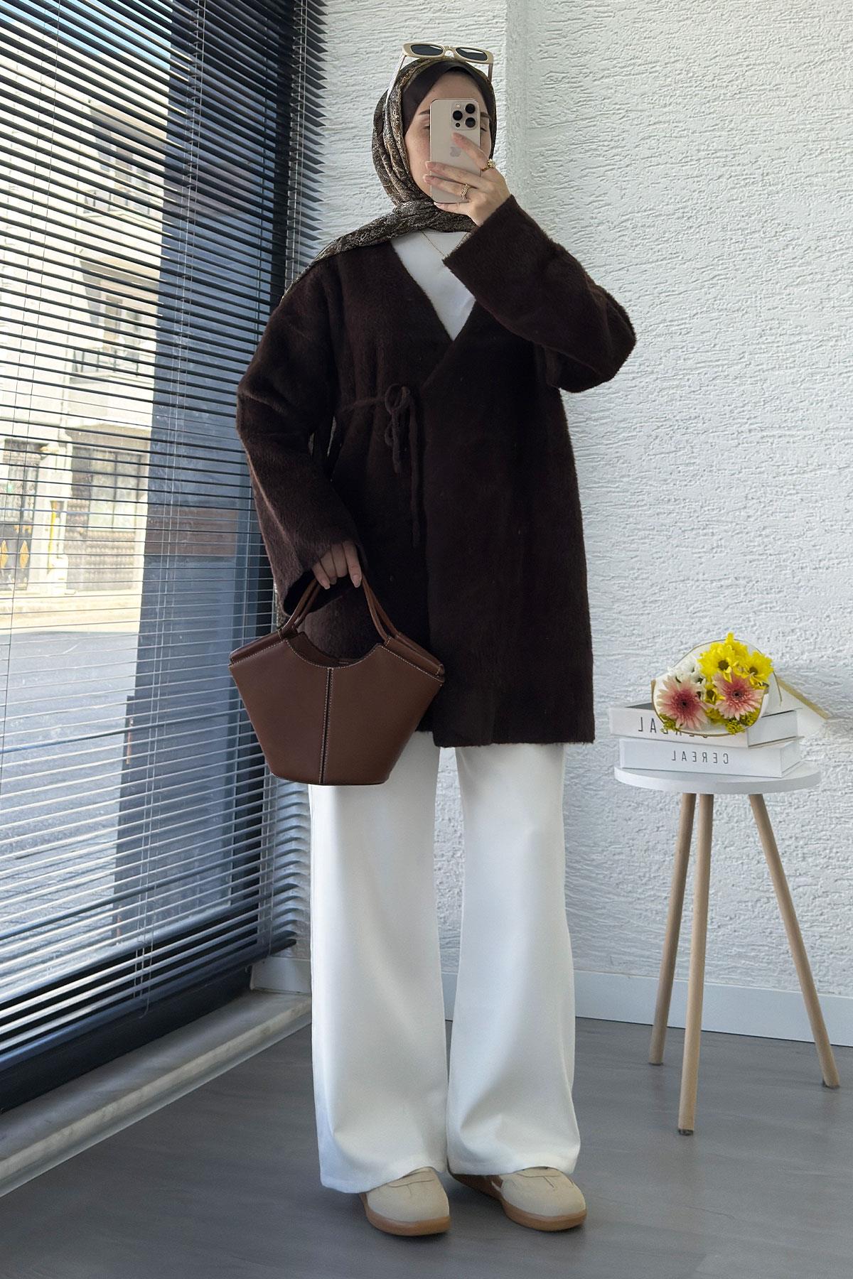 Anvelop Bağlamalı Yumoş Triko Kimono – Kahverengi