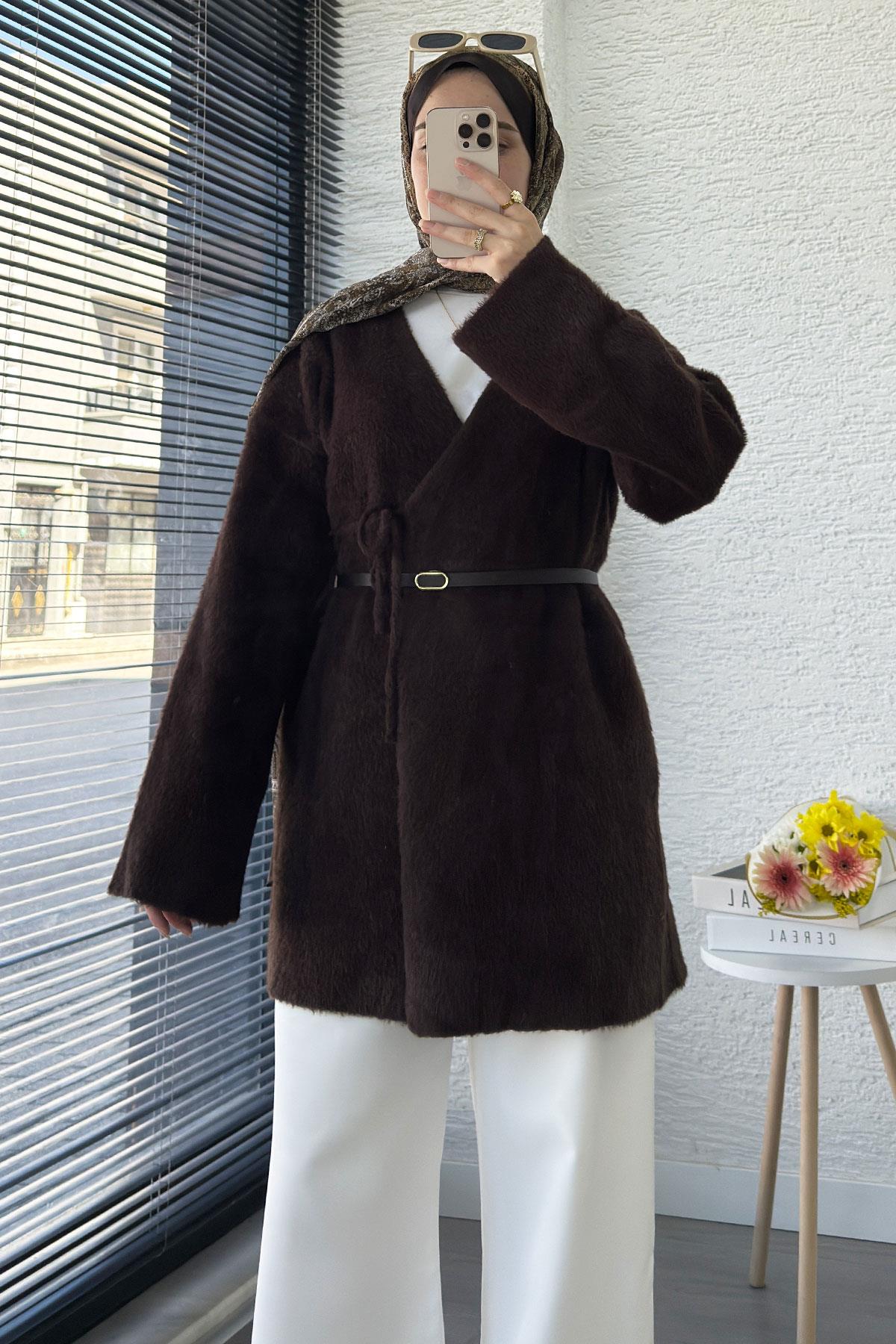 Anvelop Bağlamalı Yumoş Triko Kimono – Kahverengi