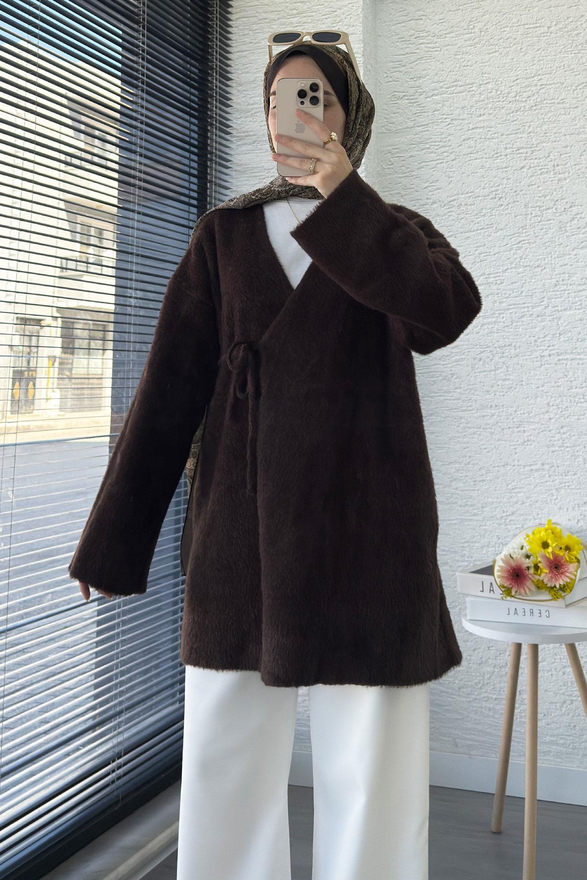 Anvelop Bağlamalı Yumoş Triko Kimono – Kahverengi