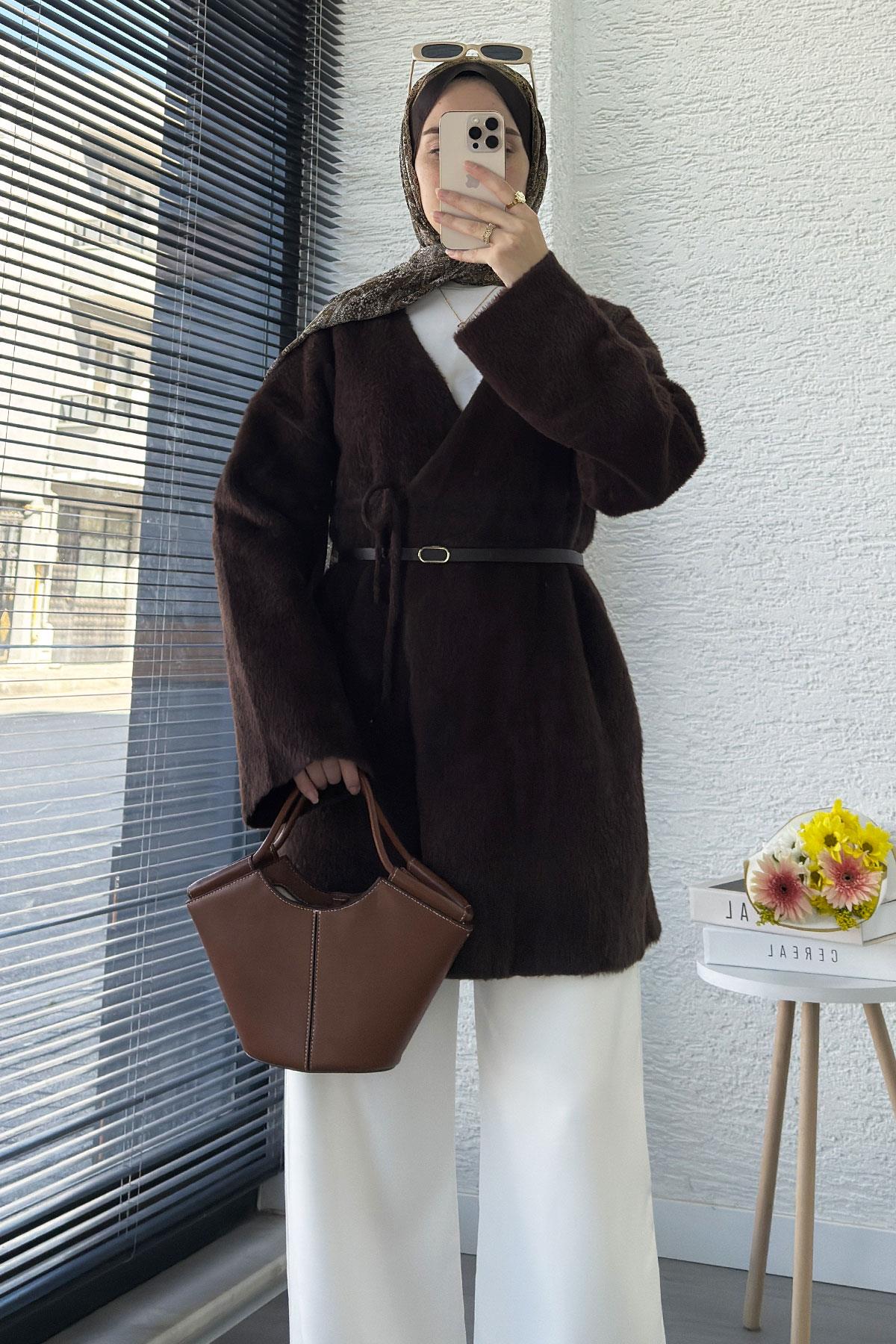 Anvelop Bağlamalı Yumoş Triko Kimono – Kahverengi