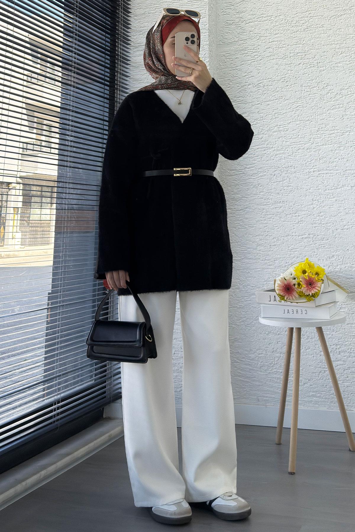 Anvelop Bağlamalı Yumoş Triko Kimono – Siyah