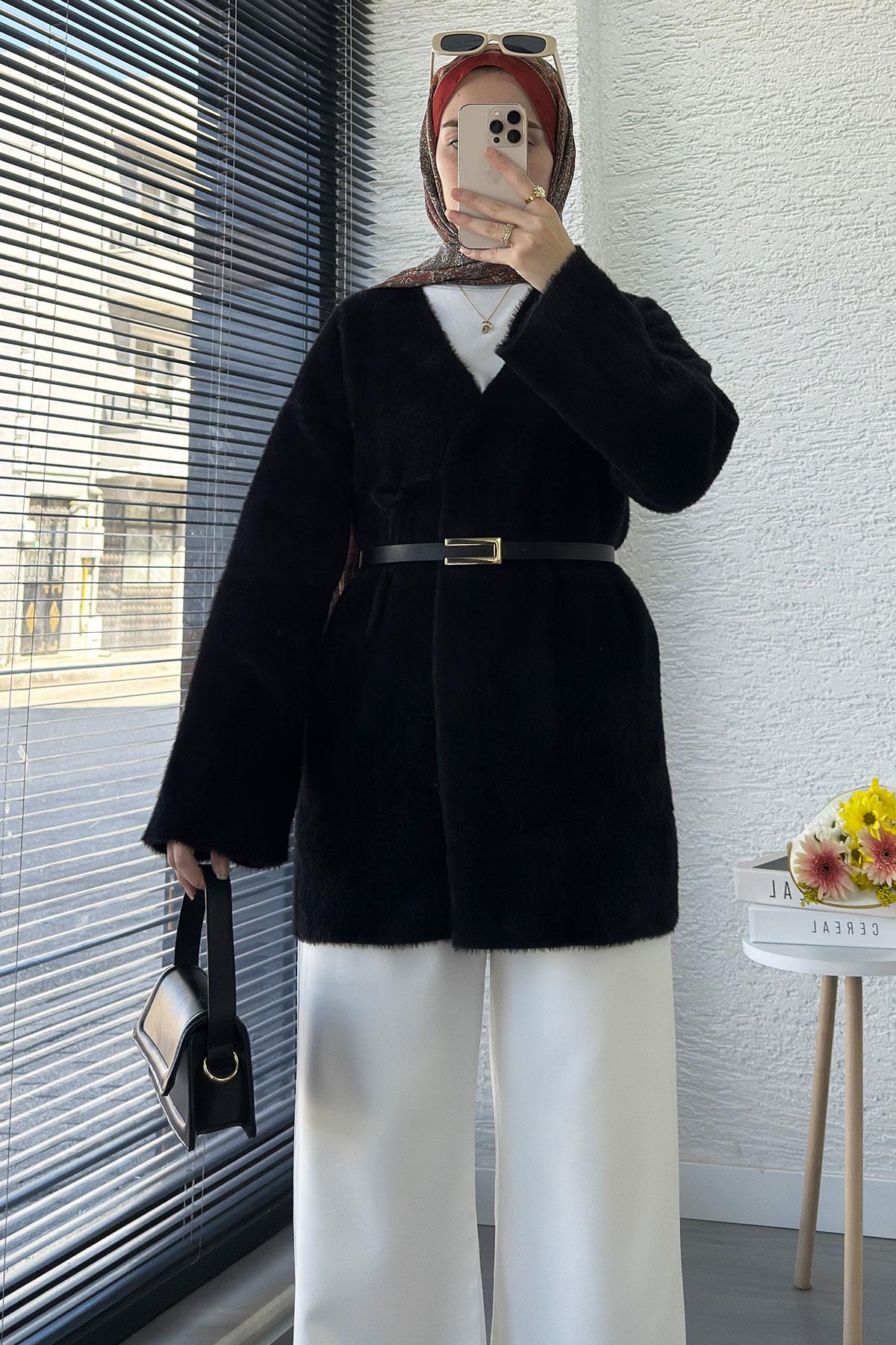 Anvelop Bağlamalı Yumoş Triko Kimono – Siyah