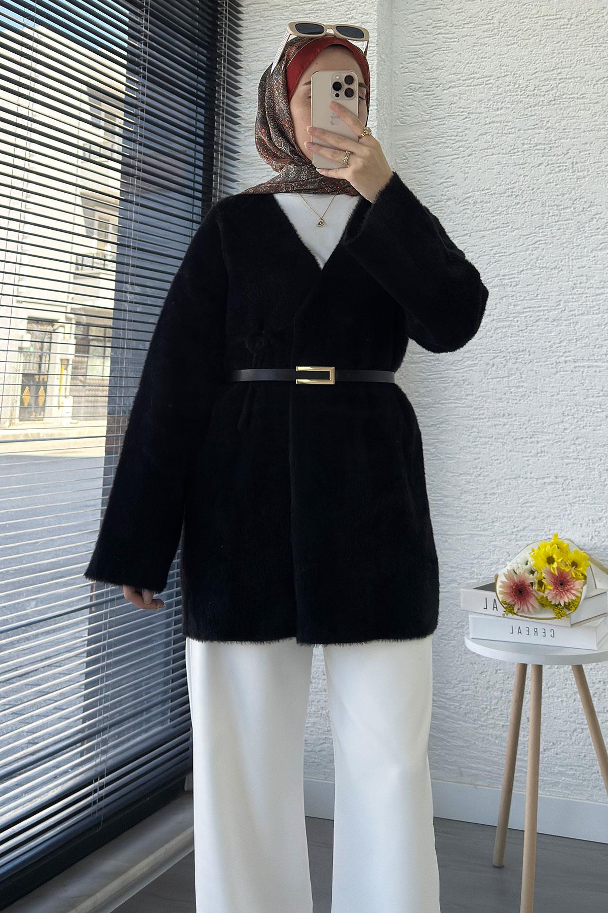 Anvelop Bağlamalı Yumoş Triko Kimono – Siyah