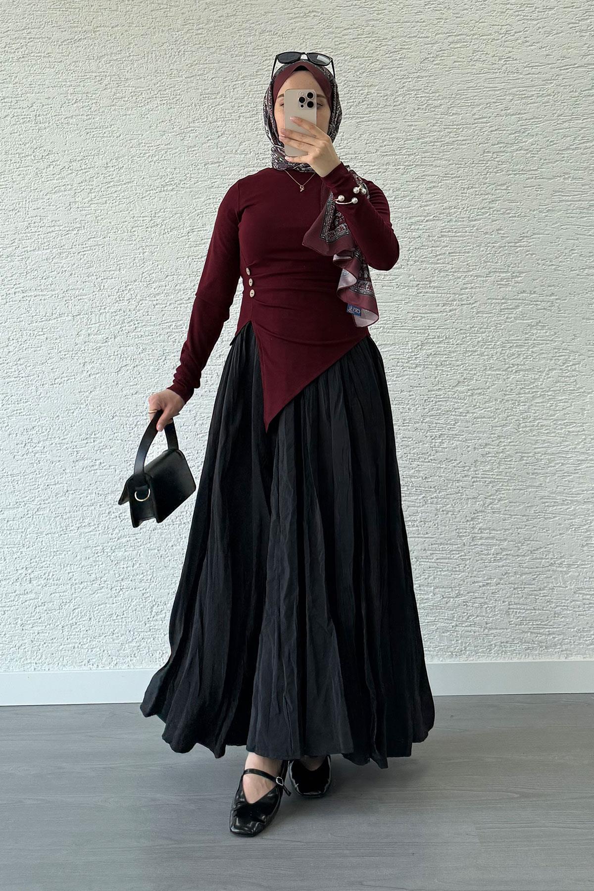 Asimetrik Kesim 3 Düğmeli Bluz-Bordo 