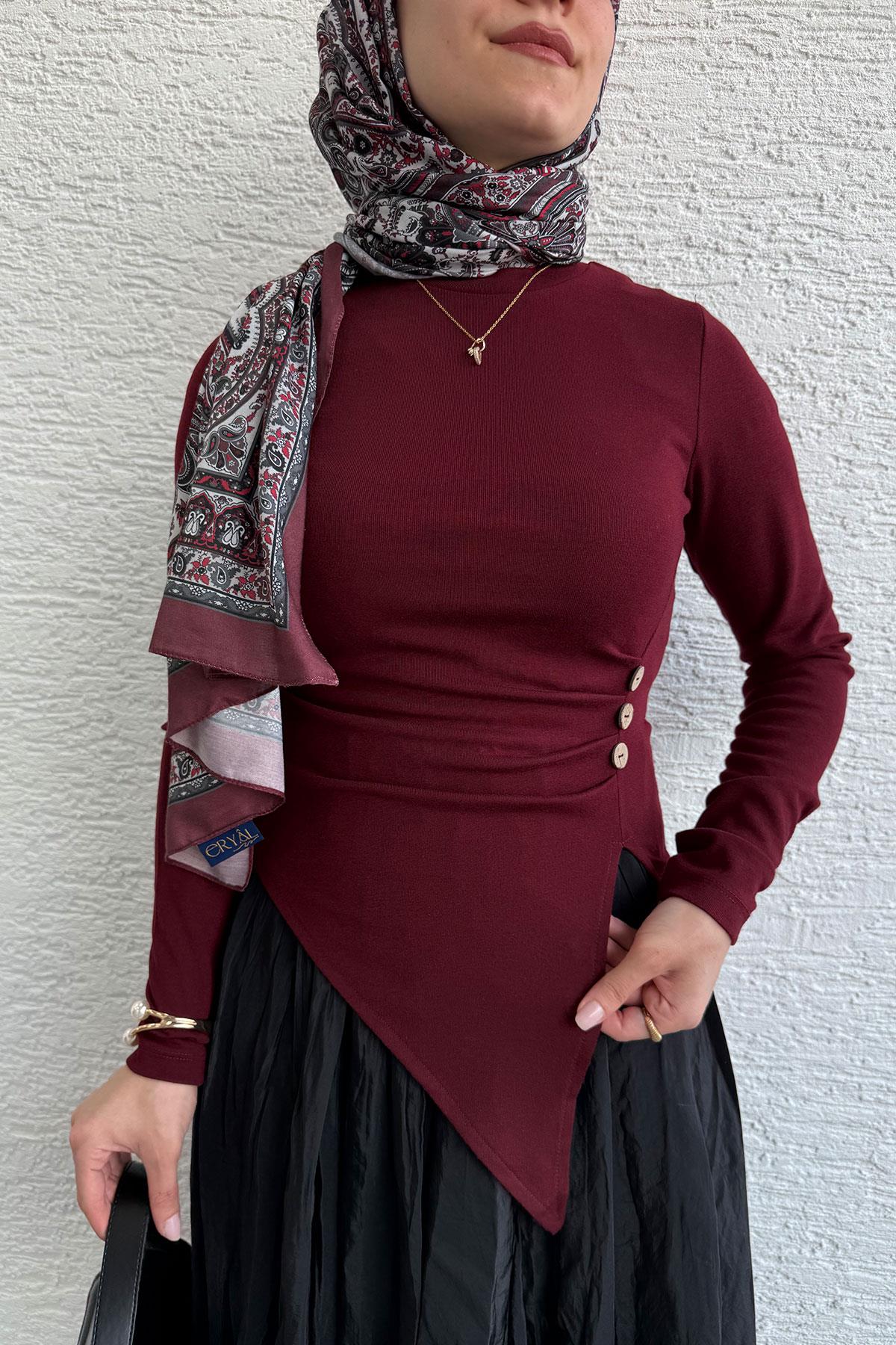 Asimetrik Kesim 3 Düğmeli Bluz-Bordo 