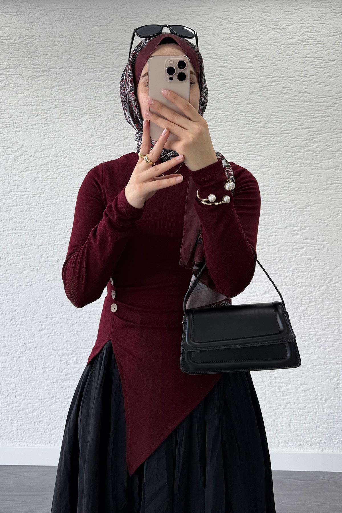 Asimetrik Kesim 3 Düğmeli Bluz-Bordo 