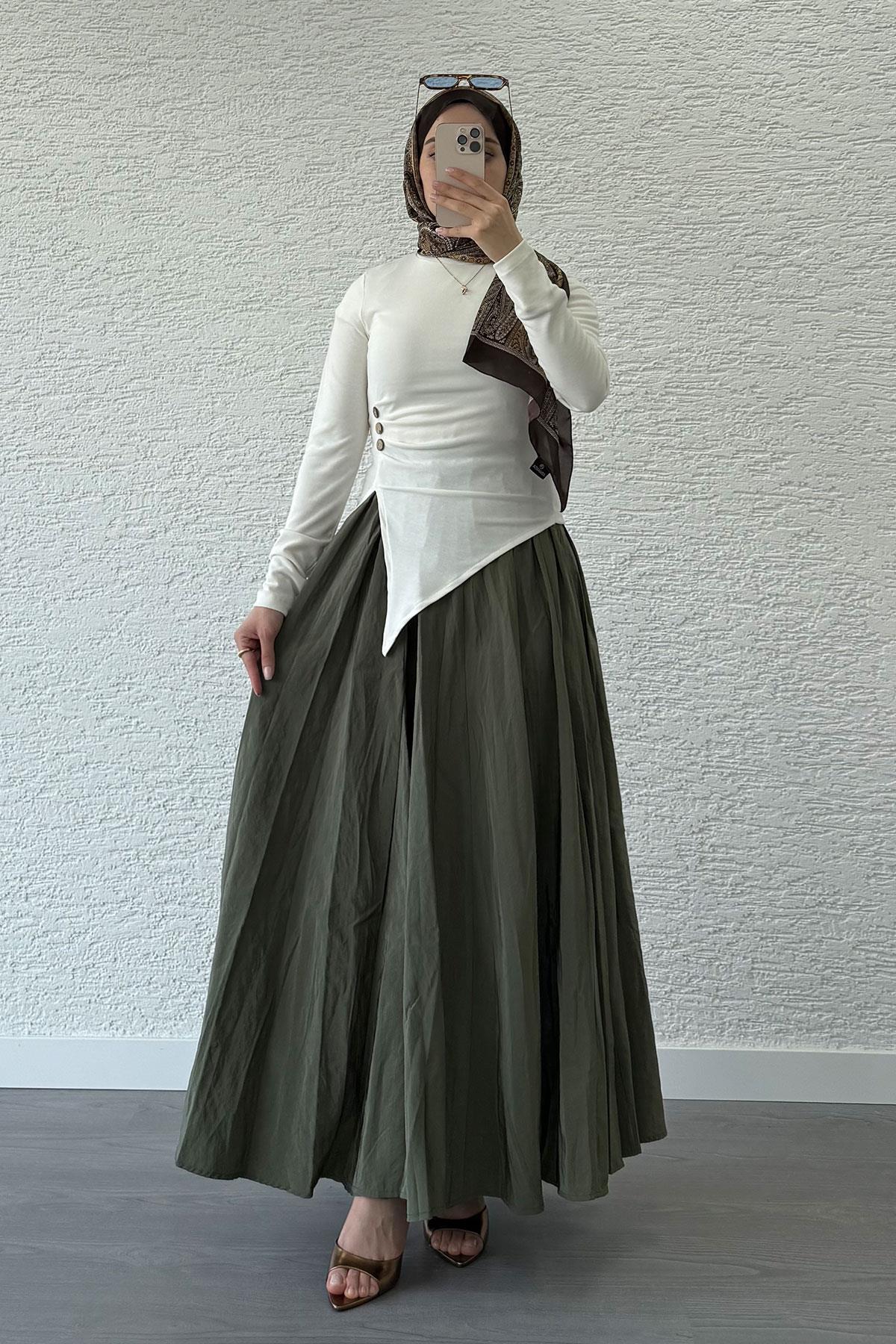 Asimetrik Kesim 3 Düğmeli Bluz-Ekru