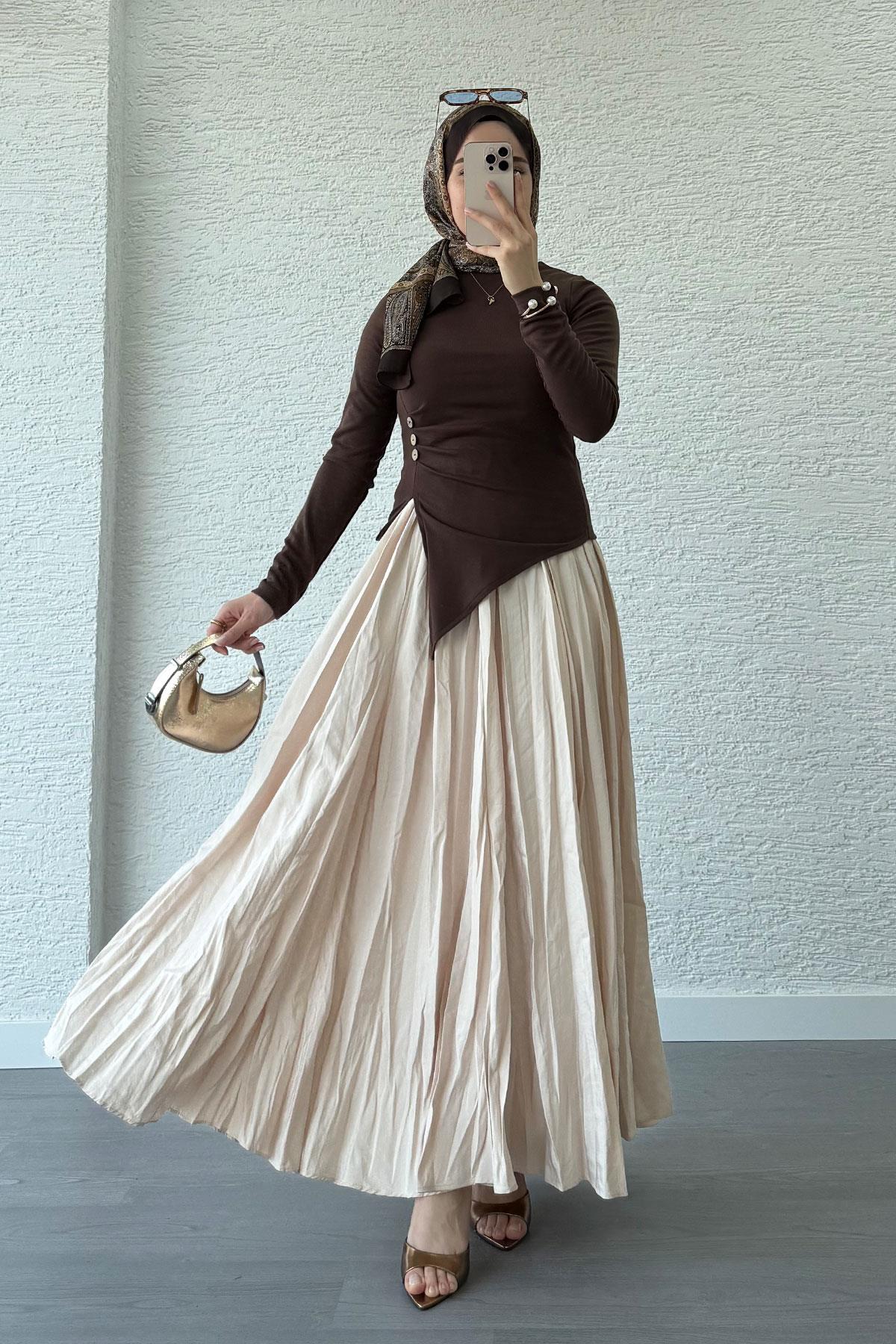 Asimetrik Kesim 3 Düğmeli Bluz-Kahverengi