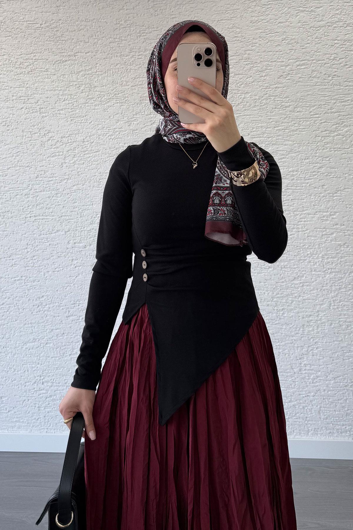 Asimetrik Kesim 3 Düğmeli Bluz-Siyah