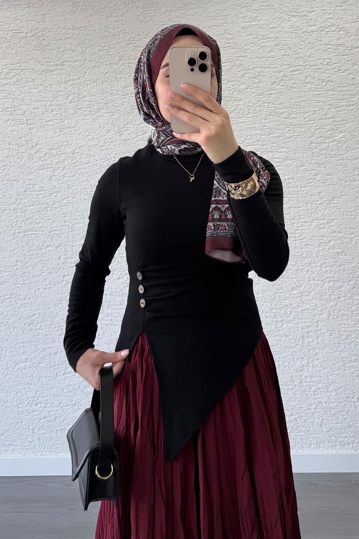 Asimetrik Kesim 3 Düğmeli Bluz-Siyah