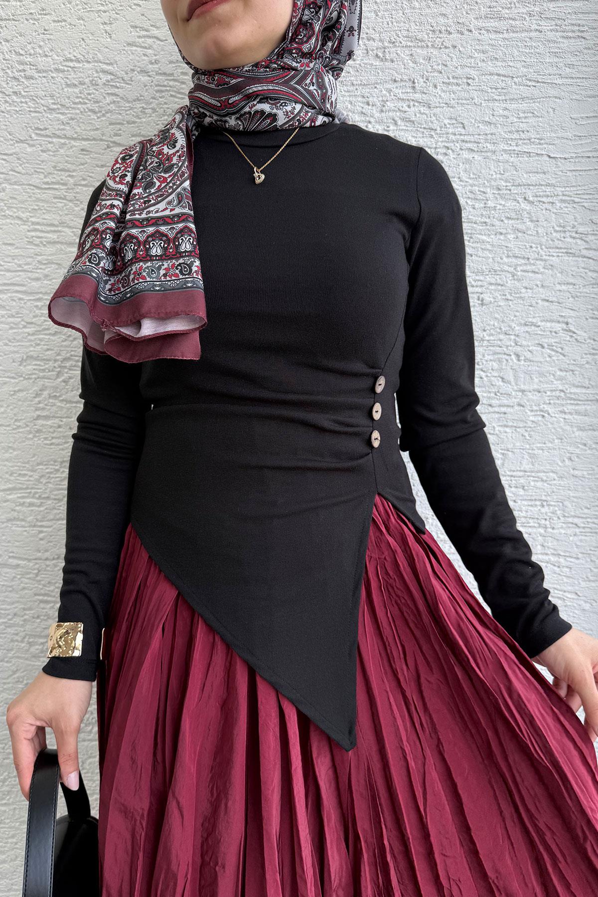 Asimetrik Kesim 3 Düğmeli Bluz-Siyah